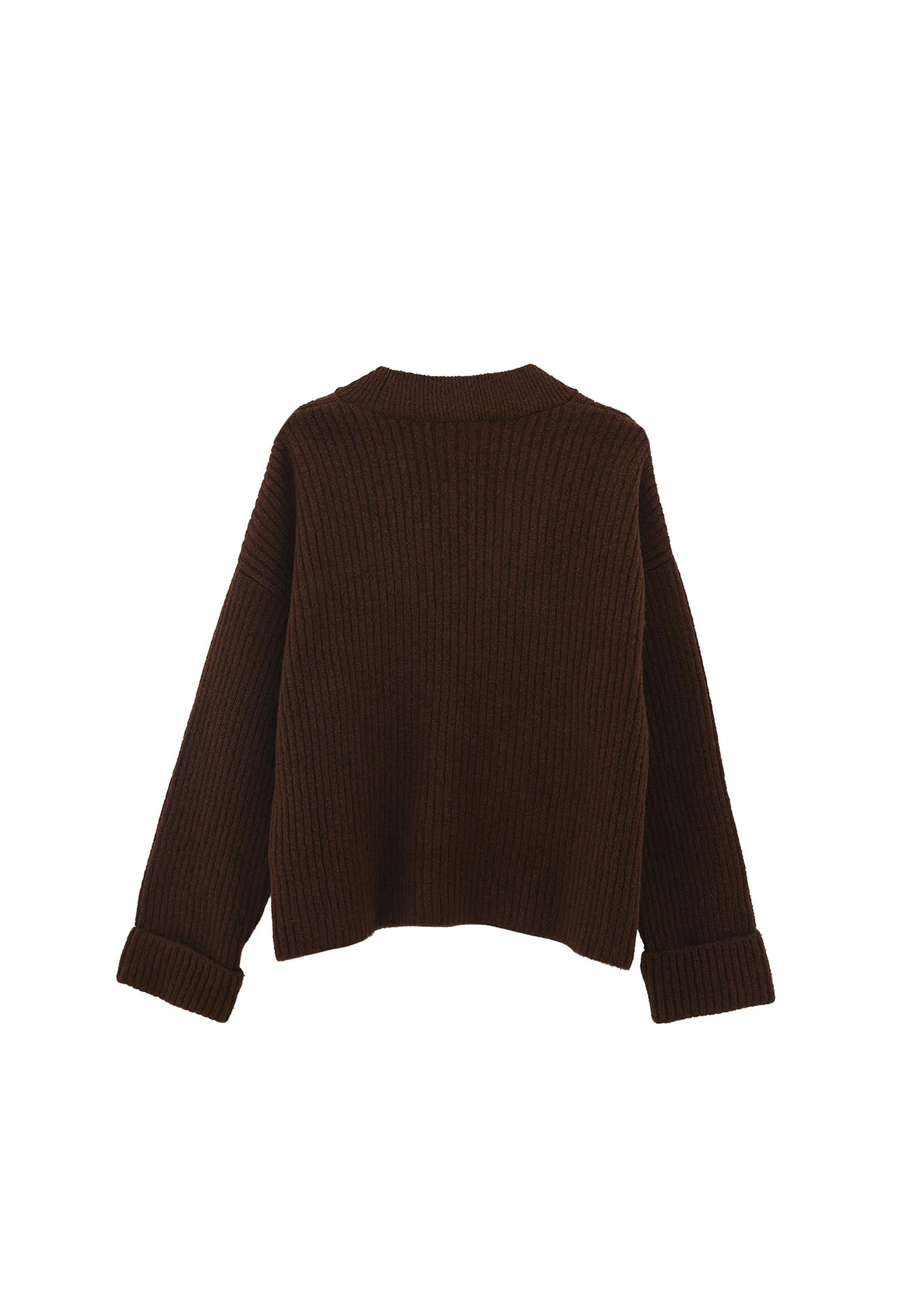V Neck Knit Sweater - CHOCOLATE TORTE