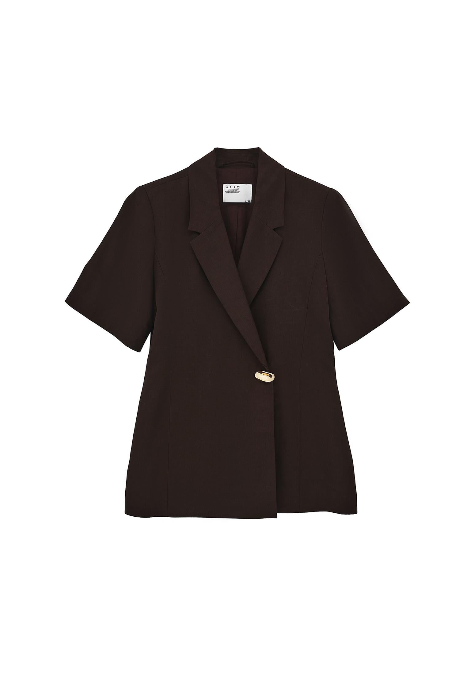 Short Sleeve Wrap Collar Button Detailed Blazer Jacket - CHOCOLATE TORTE