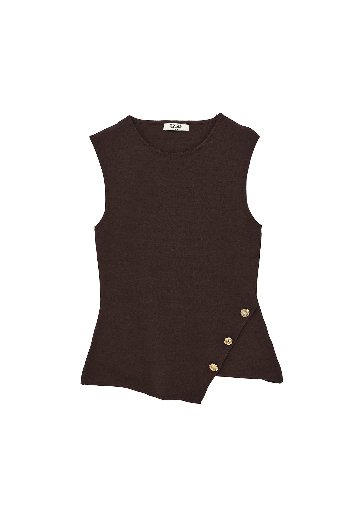 Sleeveless Tank Top With Button Details And Crew Neck - CHOCOLATE TORTE
