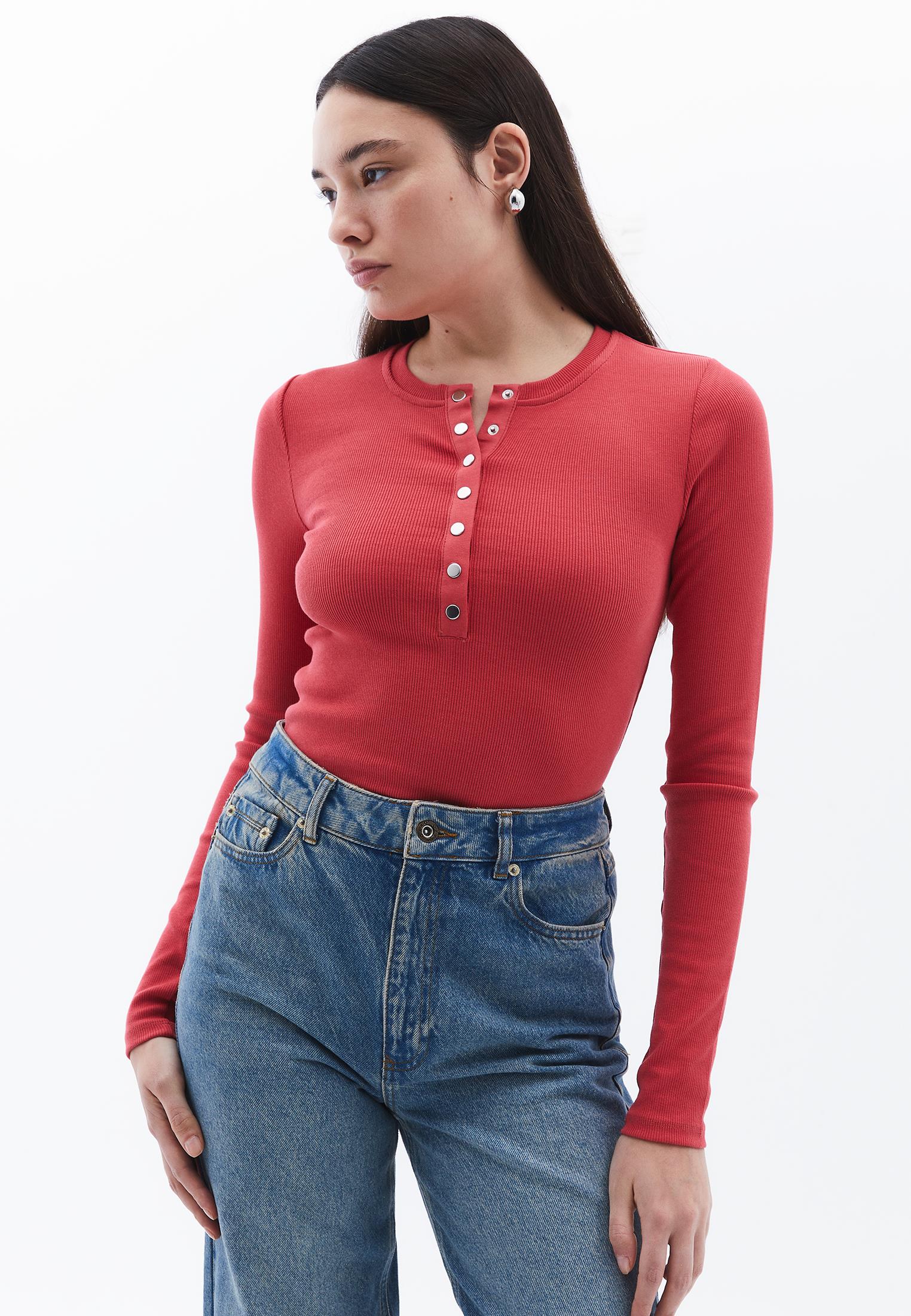 Ribbed Fabric Long Sleeve T-Shirt Crew Neck - CHRYSANTHEMUM
