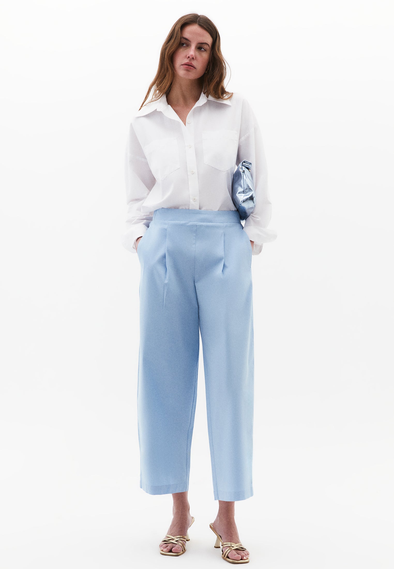 Pleated High Waist Carrot Pants - CLEAR SKY