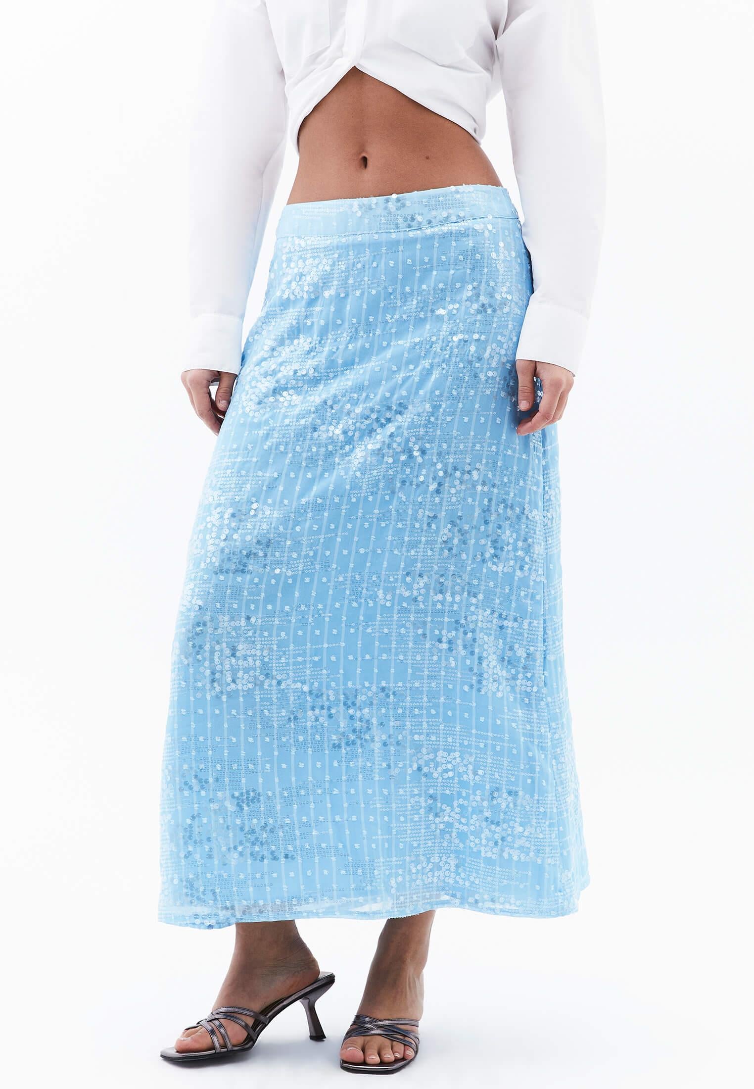 High Waist Midi Flared Woven Skirt - CLEAR SKY