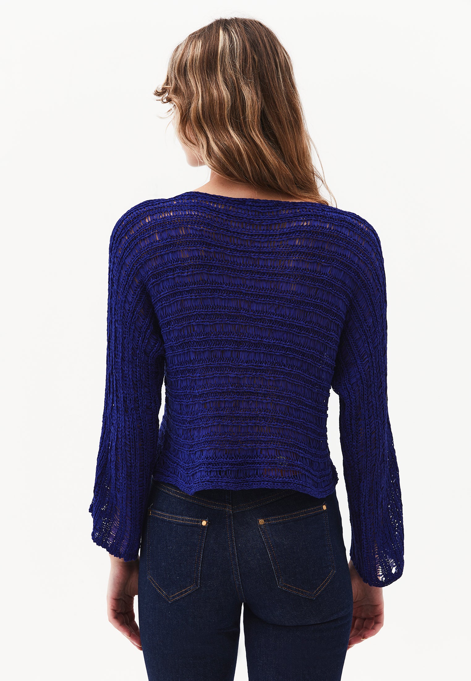 Openwork Boat Neck Long Sleeve Knit Sweater - CLEMATIS BLUE