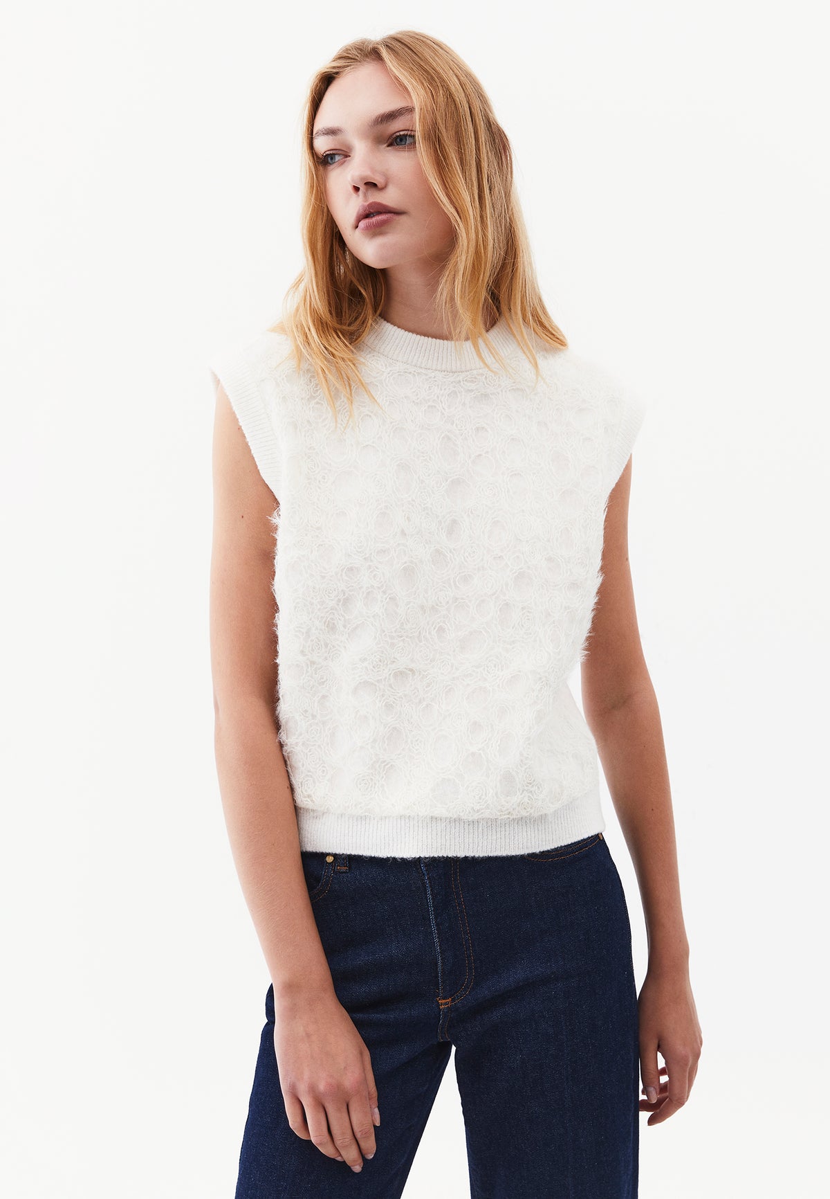 Embroidered Long Sleeve Vest - CLOUD DANCER