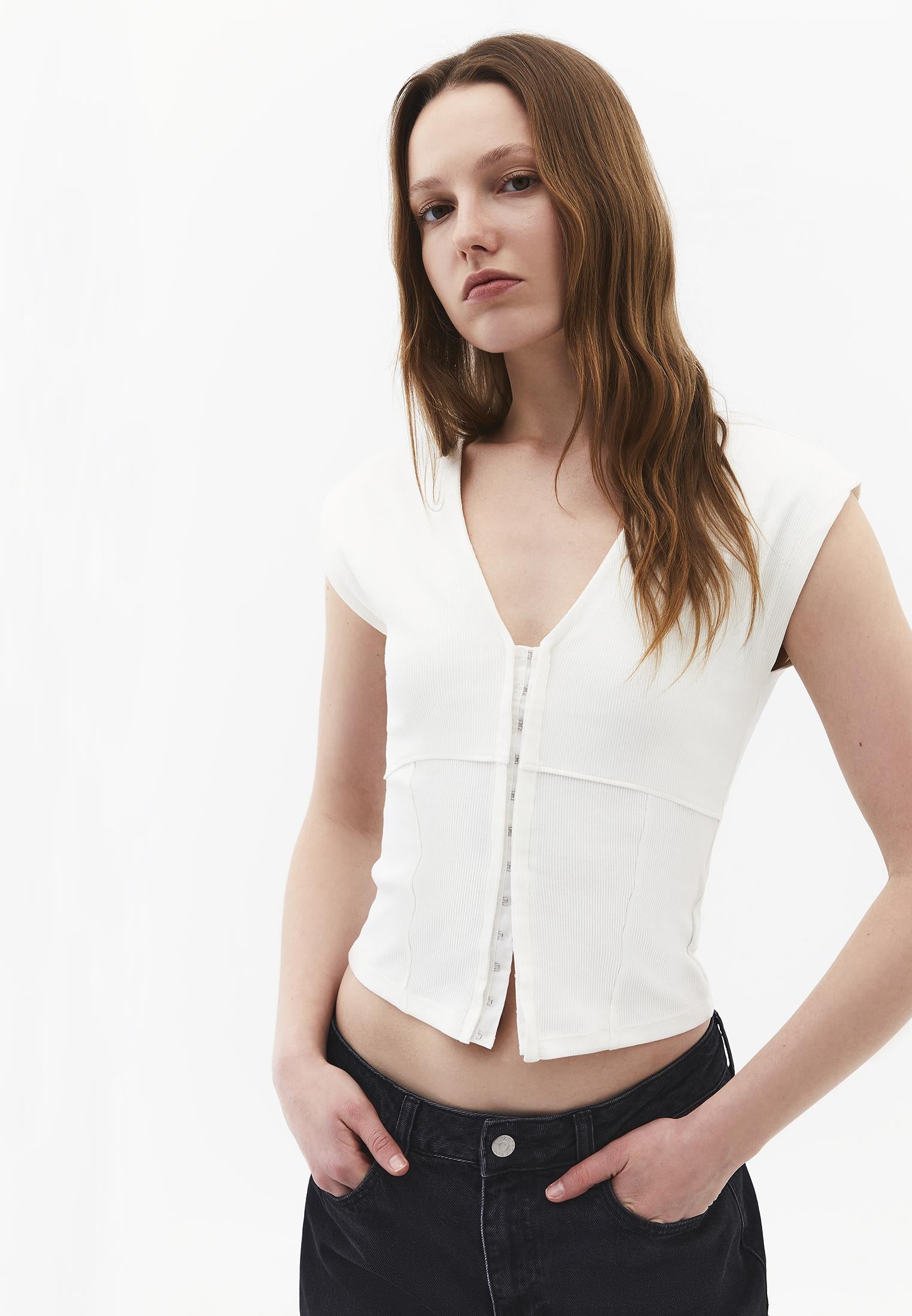 V Neck Bodycon T-Shirt - CLOUD DANCER