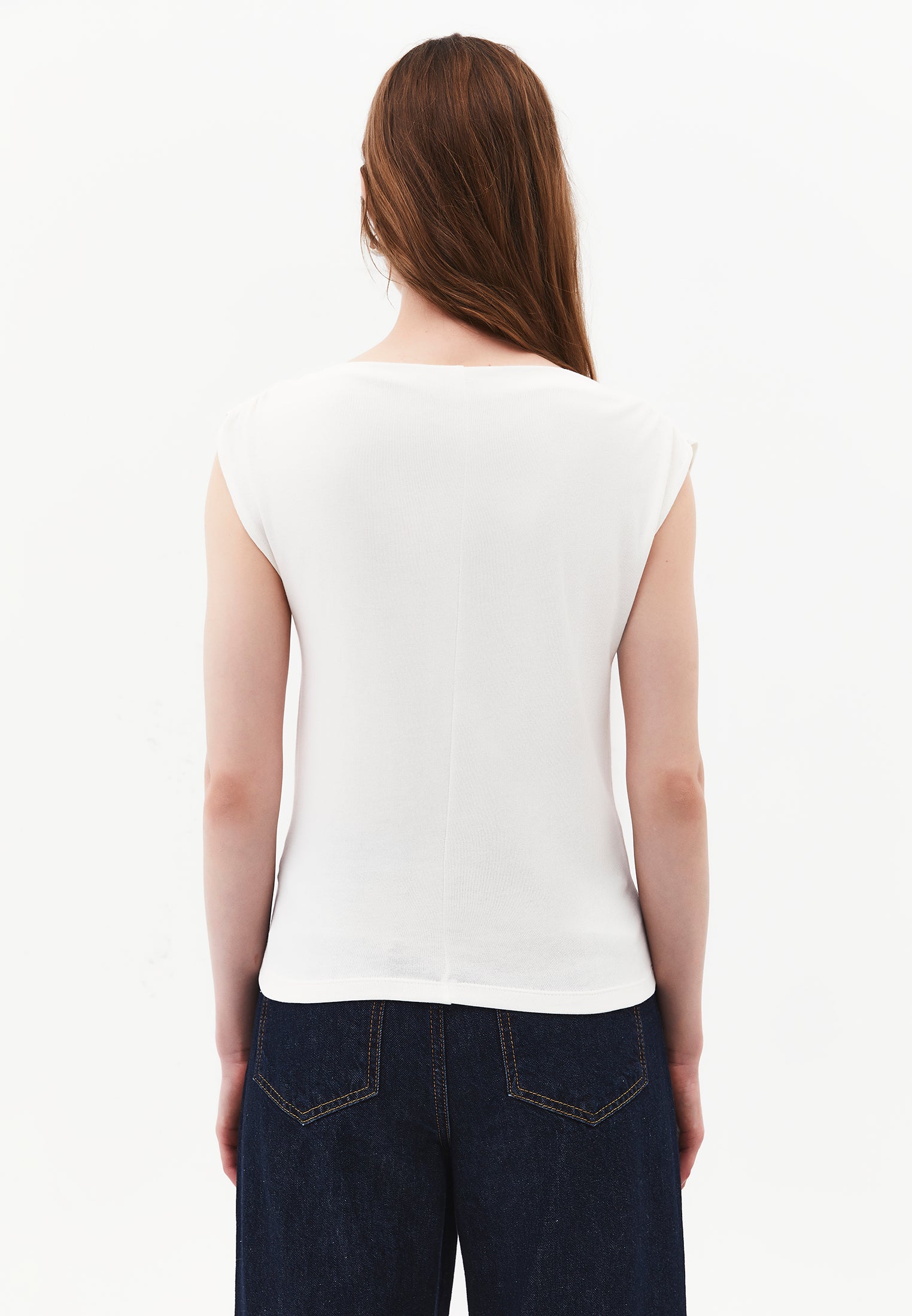 Boat Neck Sleeveless Ruched Tank Top - CLOUD DANCER