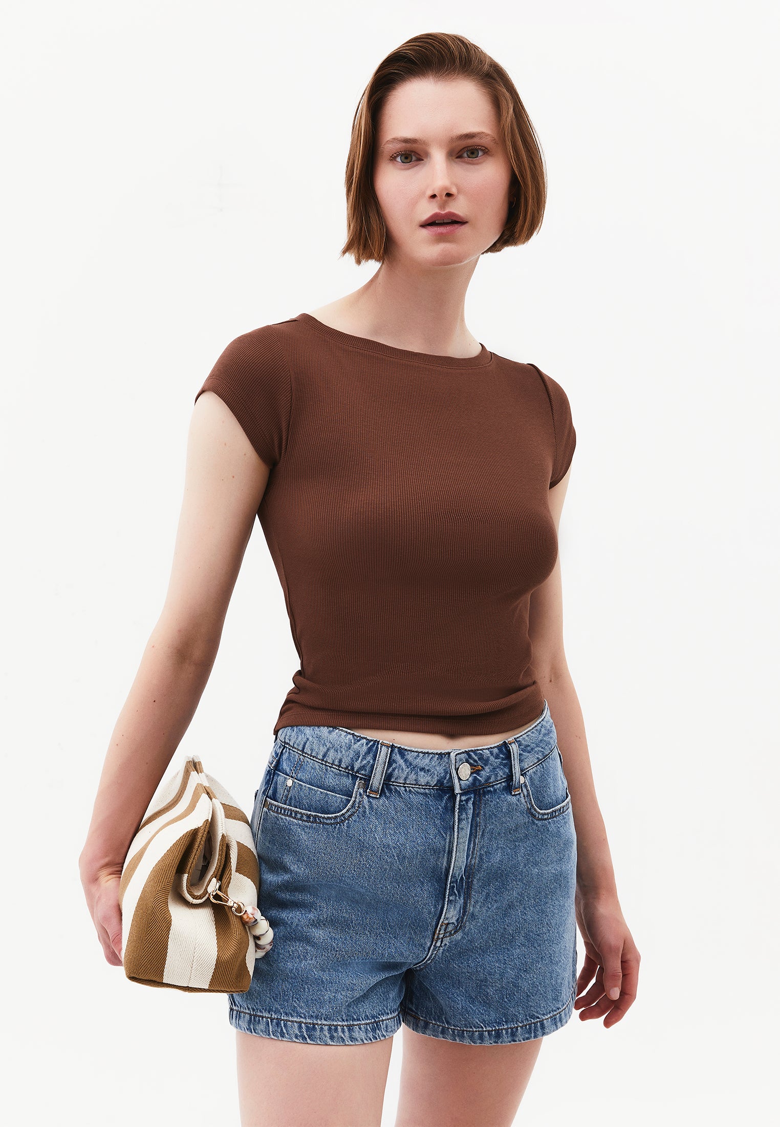 Boat Neck Short Sleeve T-Shirt - COCOA BROWN