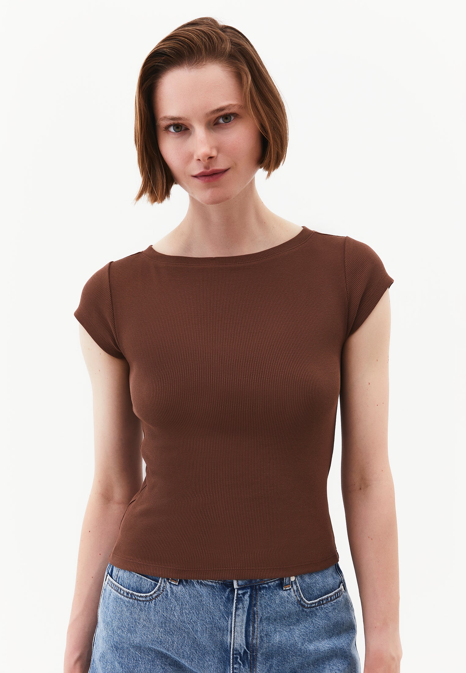 Boat Neck Short Sleeve T-Shirt - COCOA BROWN