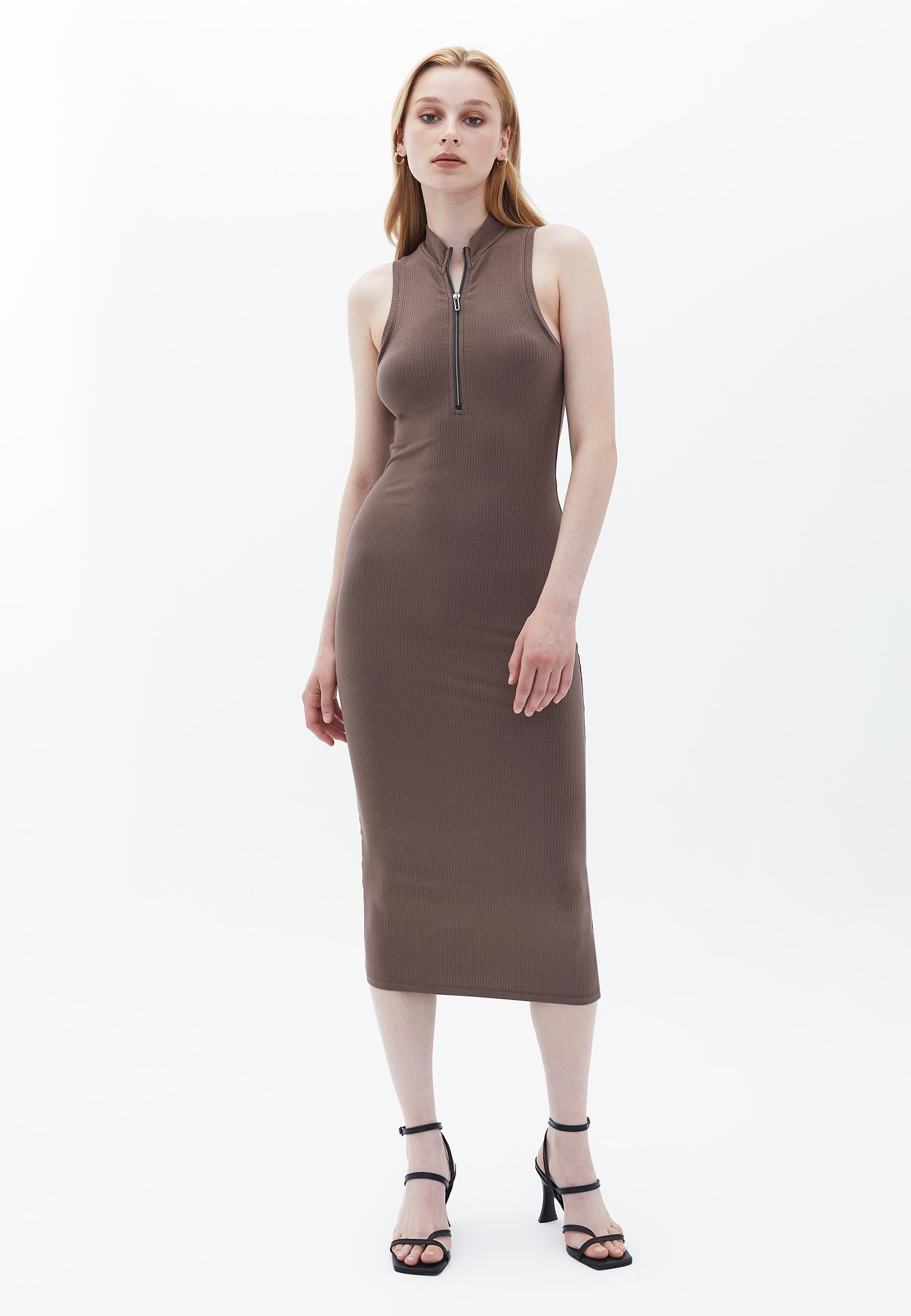 High Neck Sleeveless Bodycon Midi Dress - COFFE QUARTZ