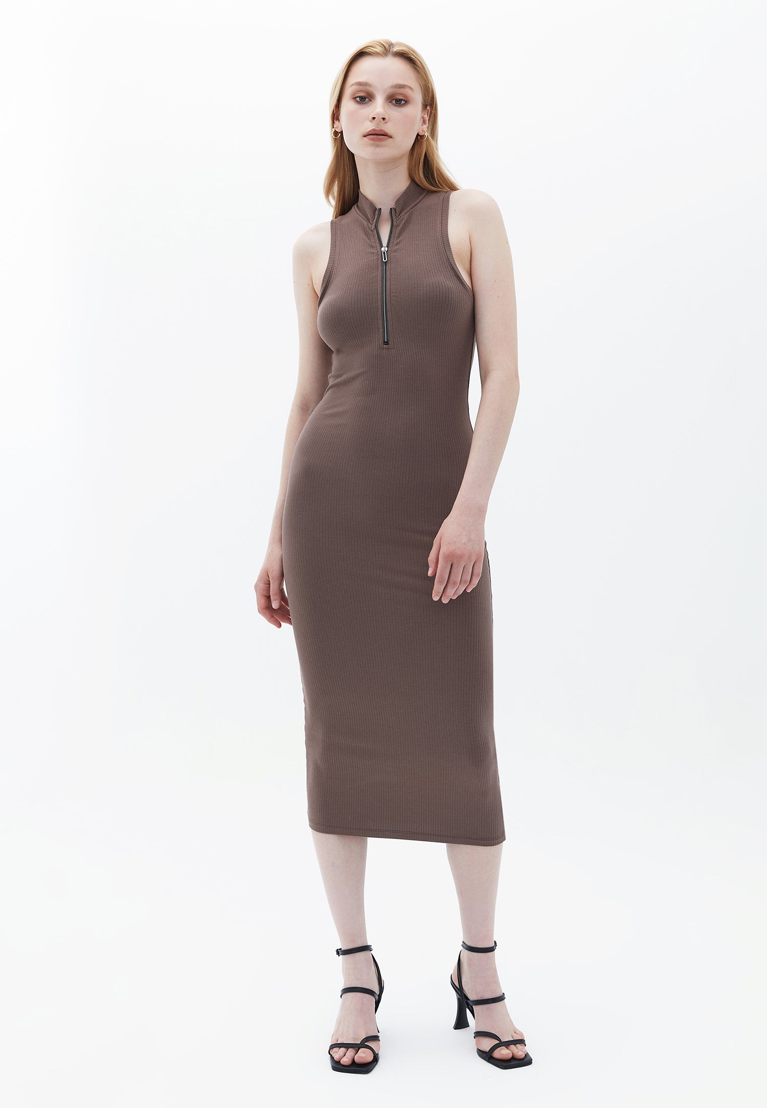 High Neck Sleeveless Bodycon Midi Dress - COFFE QUARTZ