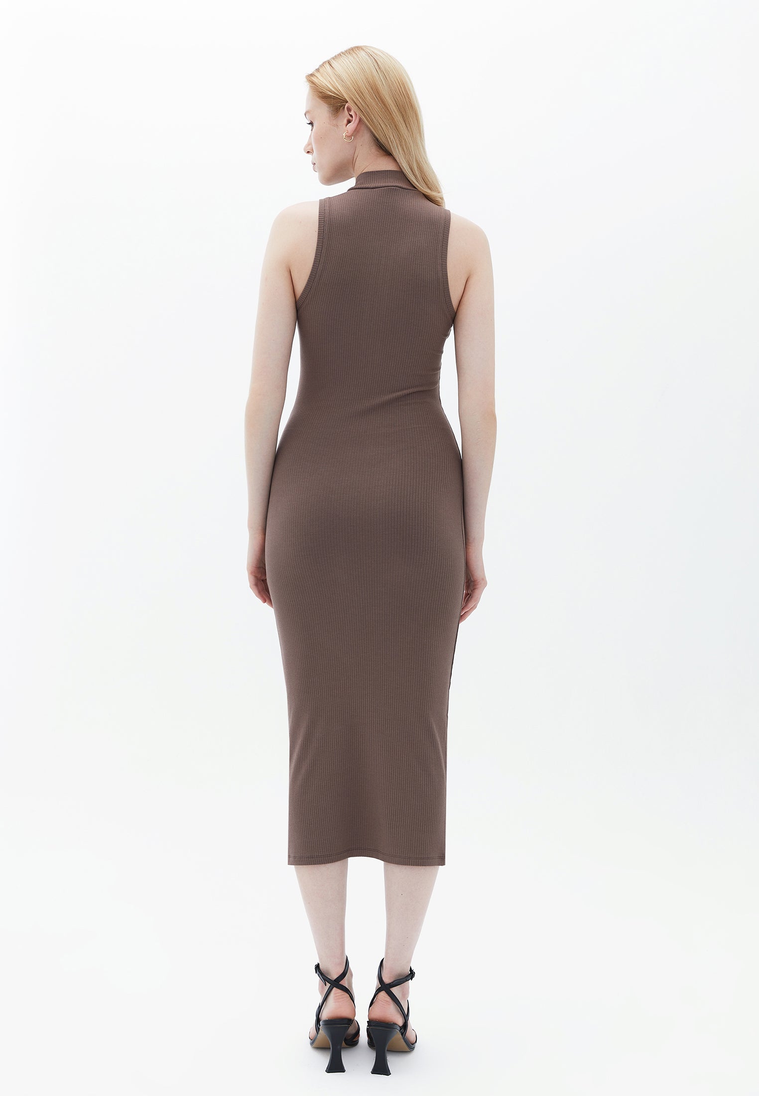 High Neck Sleeveless Bodycon Midi Dress - COFFE QUARTZ
