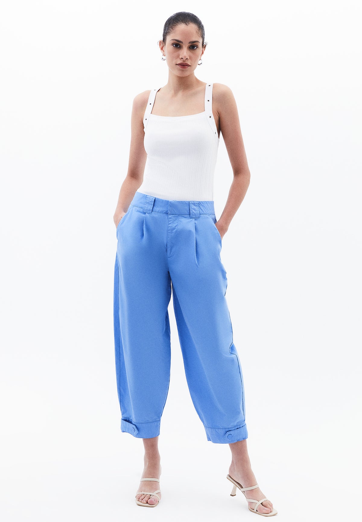 Pleated High Waist Barrel Leg Pants - CORNFLOWER