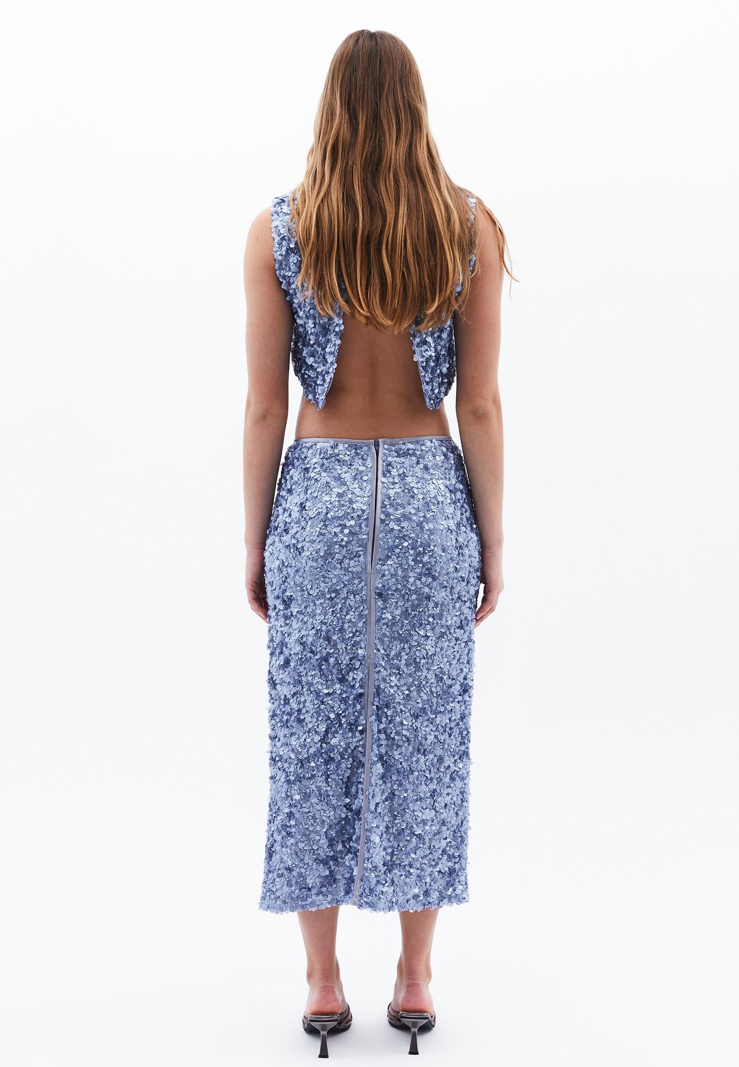Sequin And Slit Skirt - COUNTRY BLUE