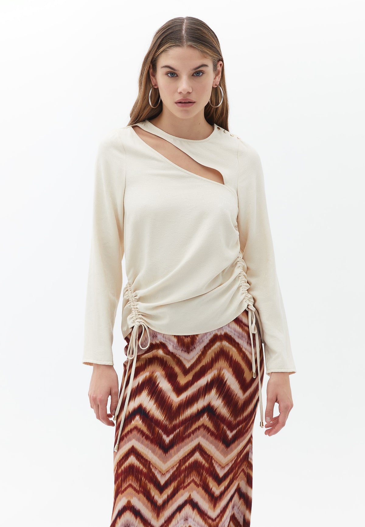 Long Sleeve Blouse With Cutout Detail - CREME BRULEE