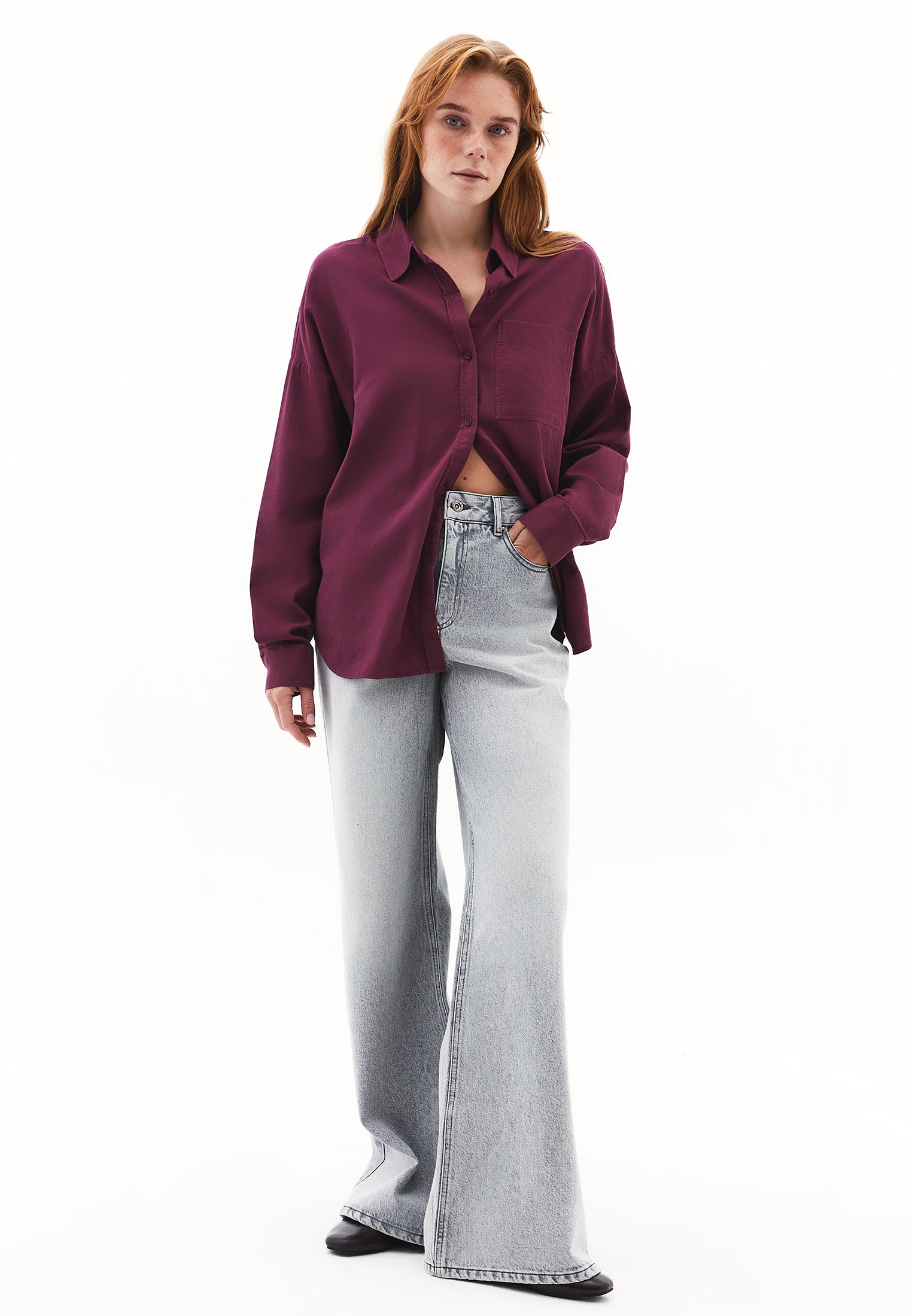 Buttoned Shirt Collar Oversize Shirt - CRUSHED VIOLETS