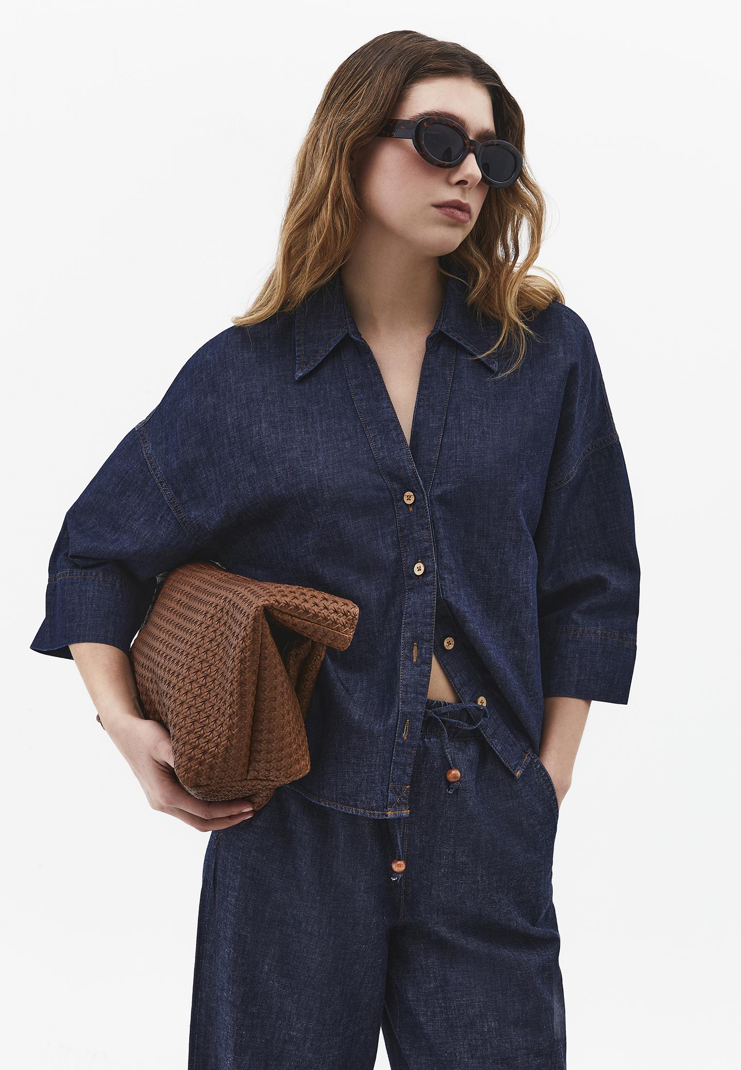 Oversize Shirt Collar Three Quarter Sleeve Denim Shirt - DARK BLUE DENIM