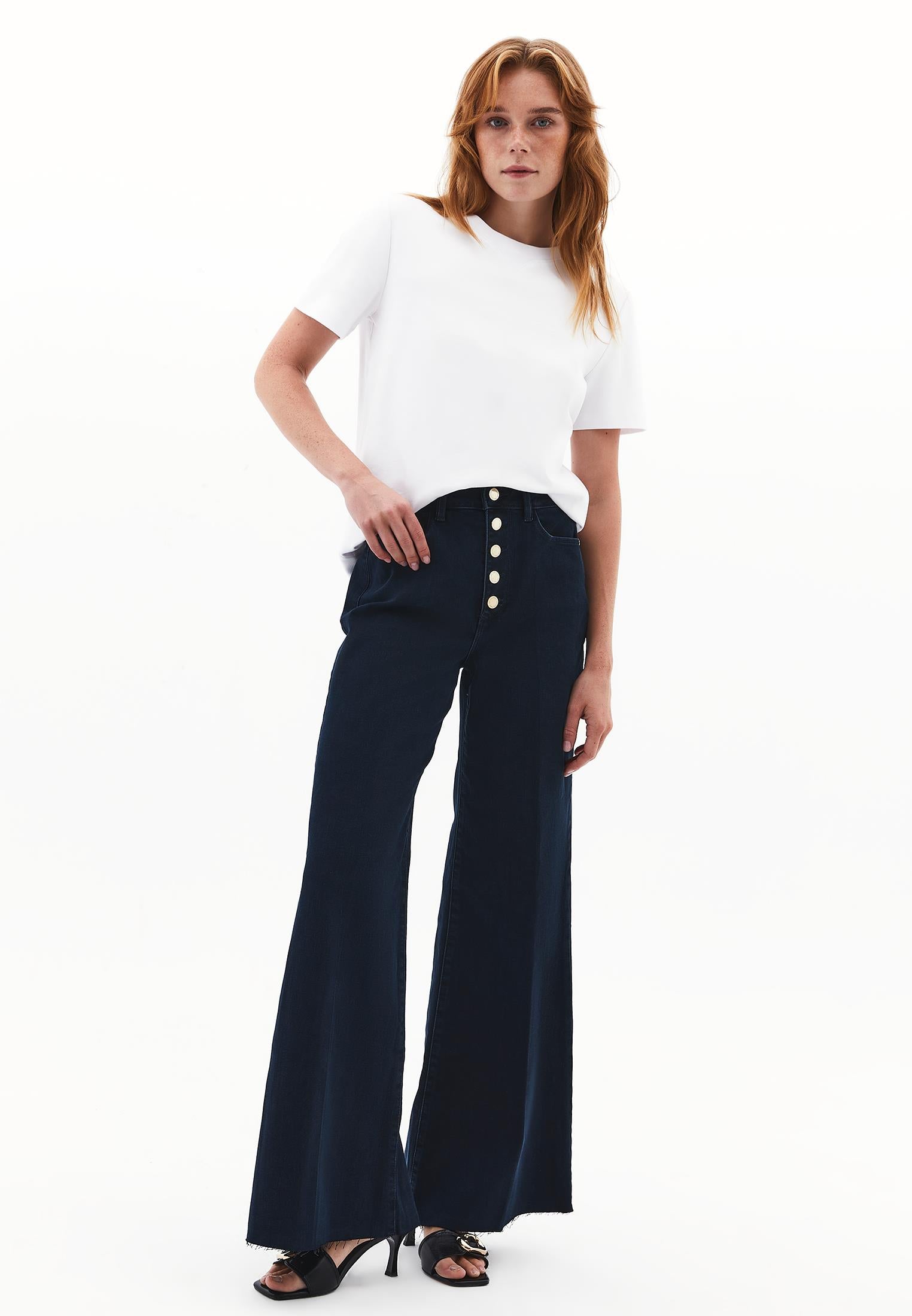 High Waist Wide Leg Buttoned Pants - DARK BLUE DENIM