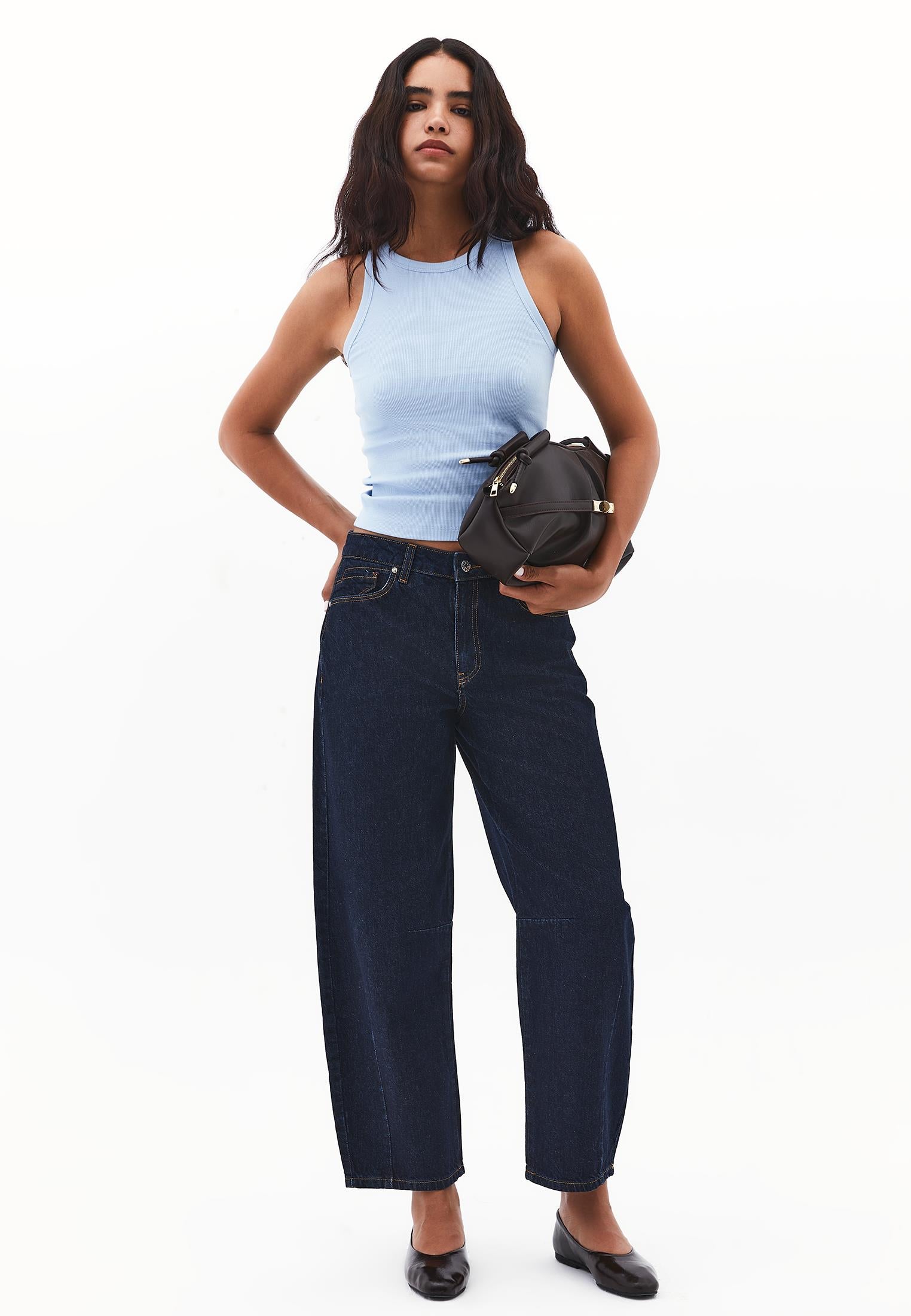 Barrel Hem Denim Pants With Cut Details And Regular Waist - DARK BLUE DENIM