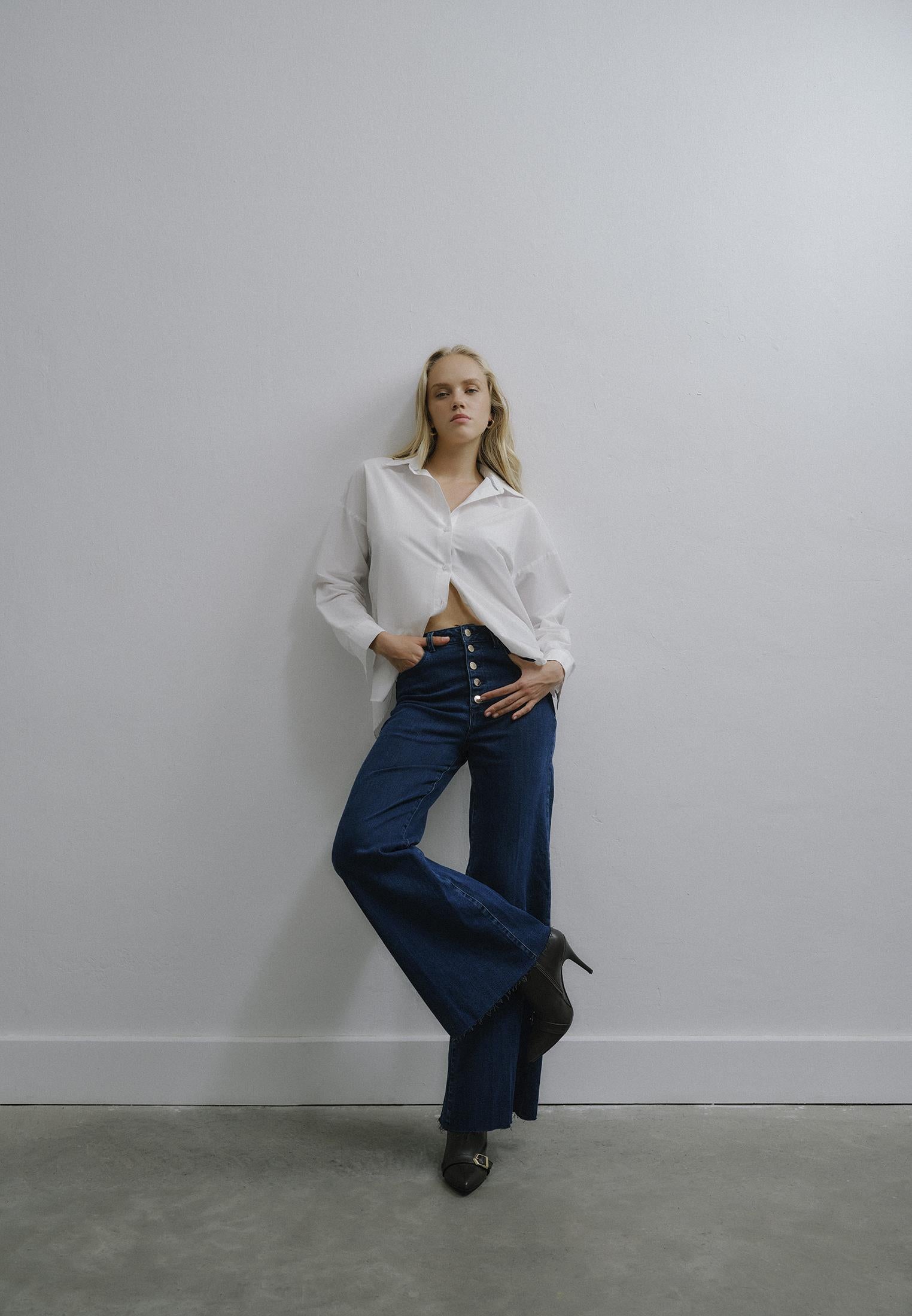 High Waist Wide Leg Pants - DARK BLUE DENIM