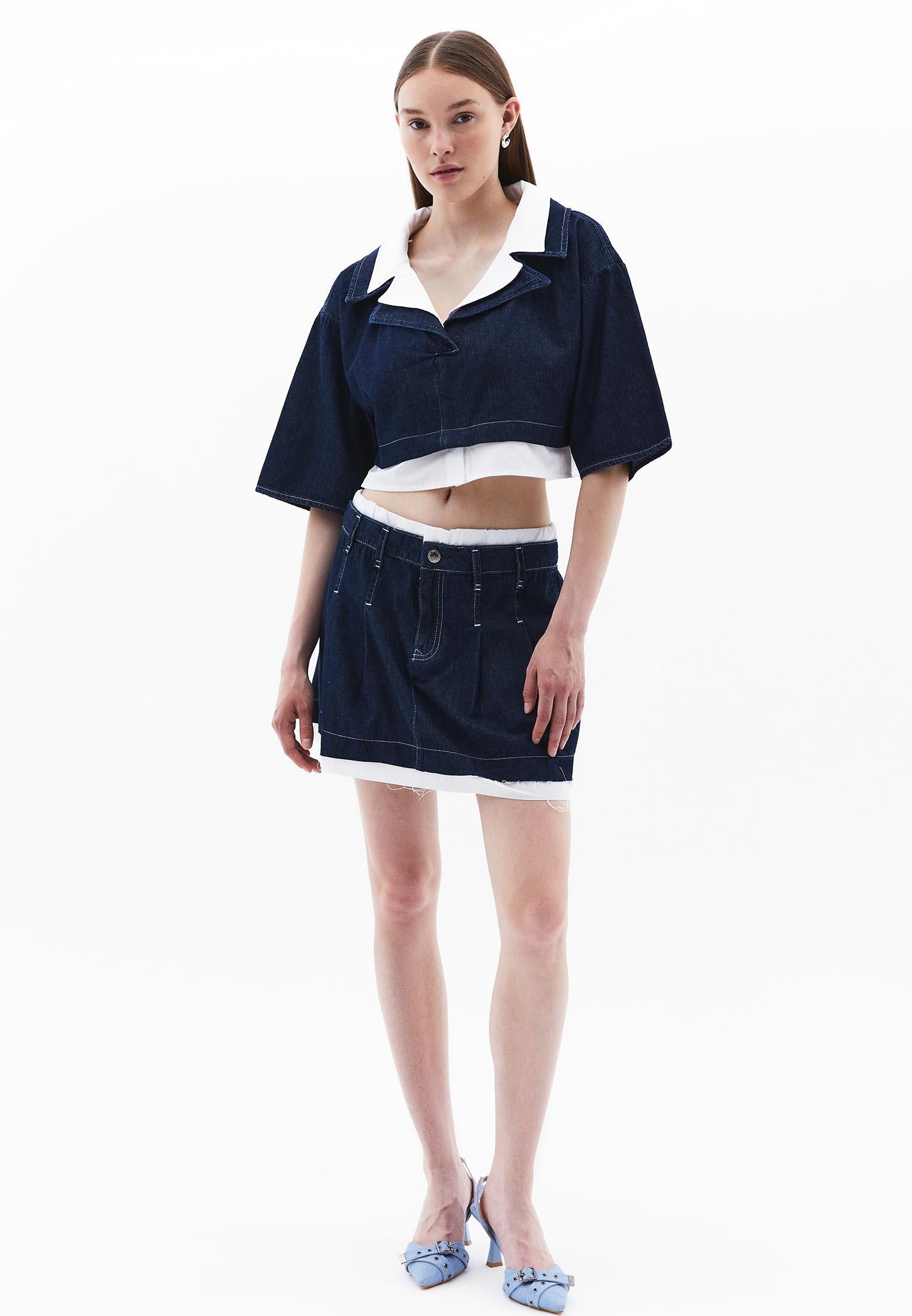 Pleated Short Skirt With Belt Detail - DARK BLUE DENIM