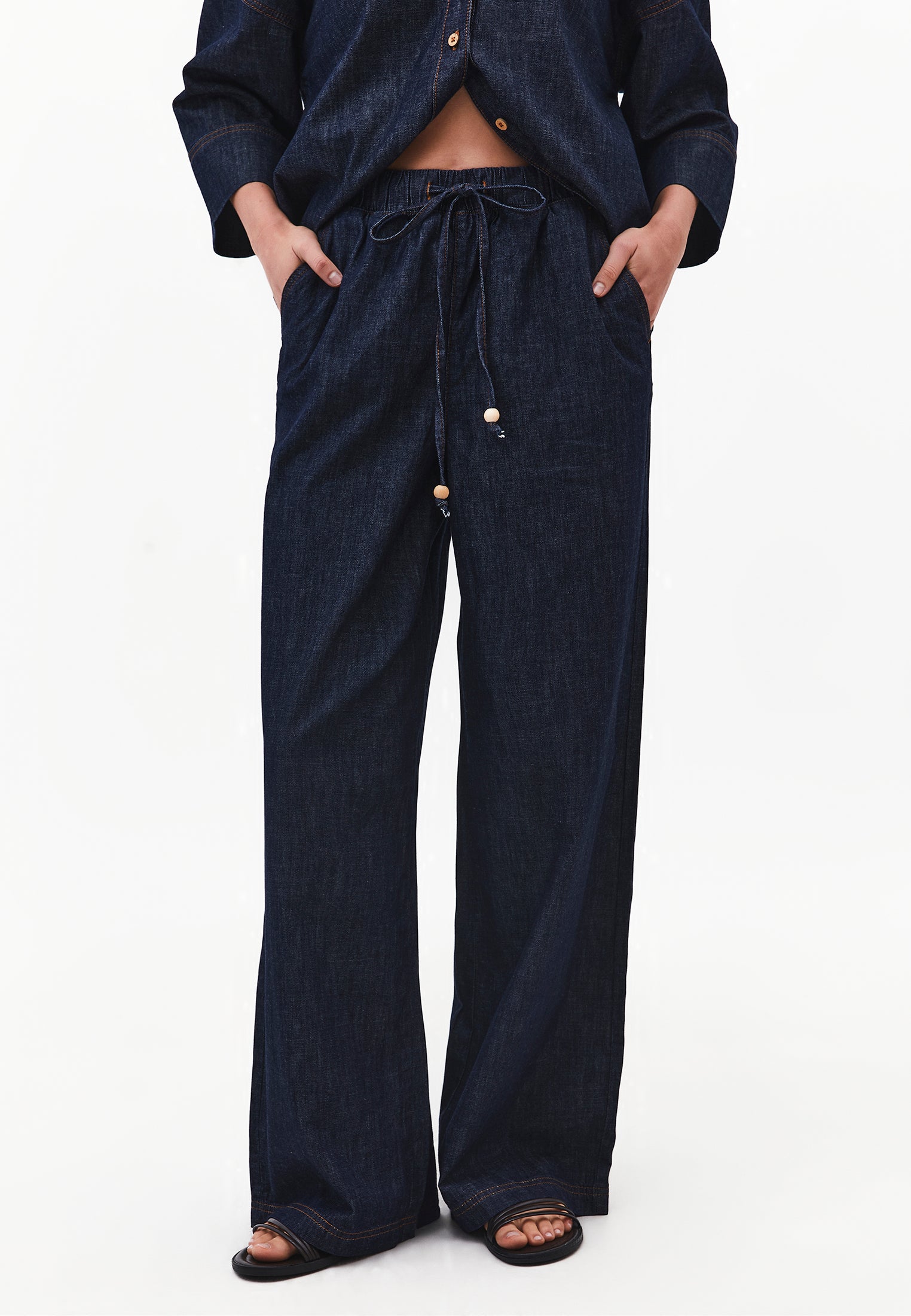 Wide Leg High Waist Elastic Waistband Pants - DARK BLUE DENIM