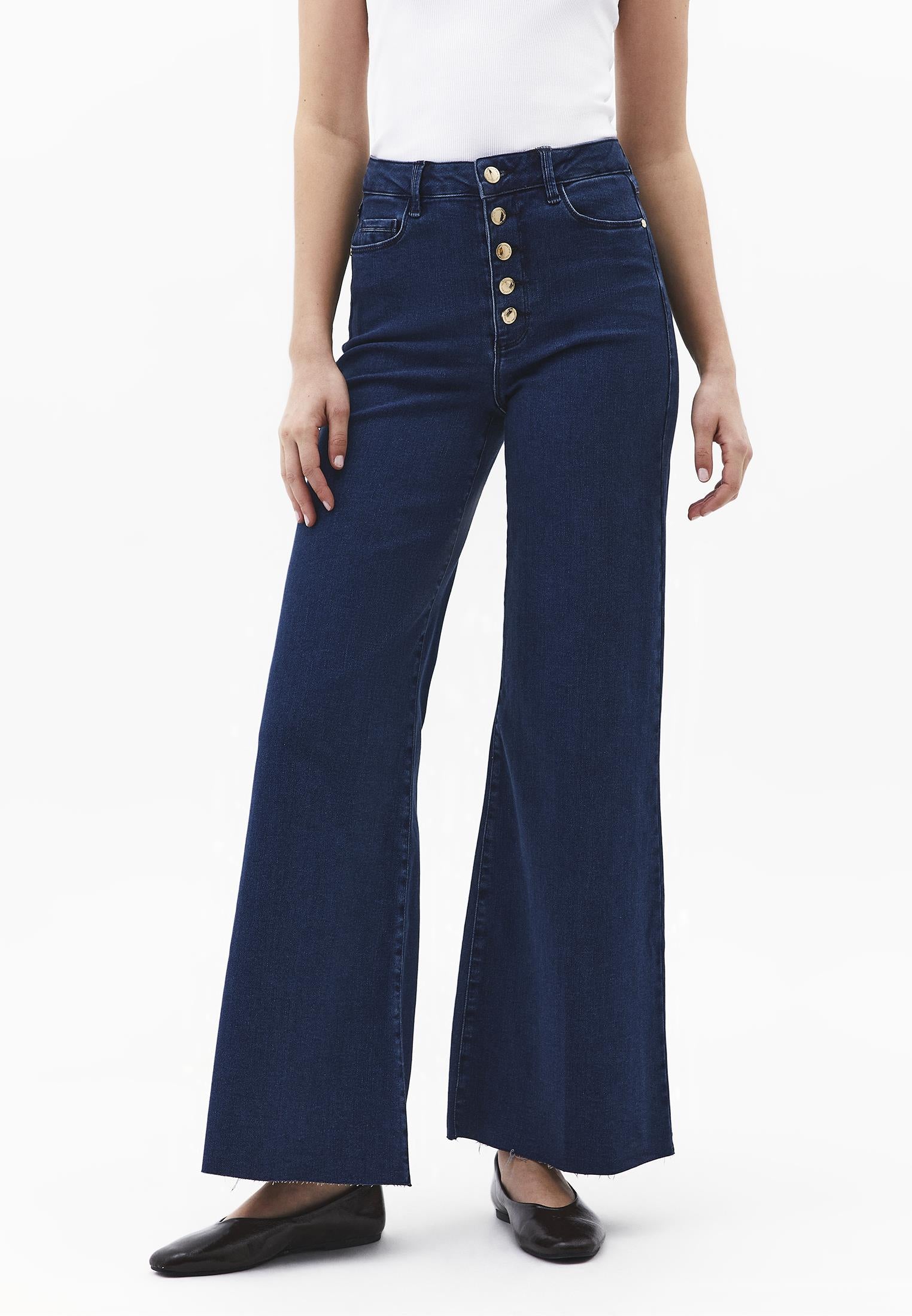 Wide Leg Button Detailed Trousers - DARK BLUE DENIM