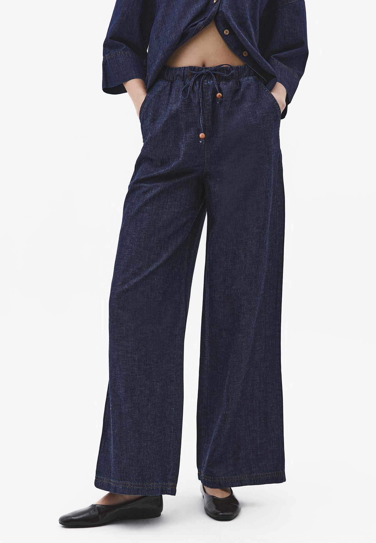 High Waist Wide Leg Denim Pants - DARK BLUE DENIM