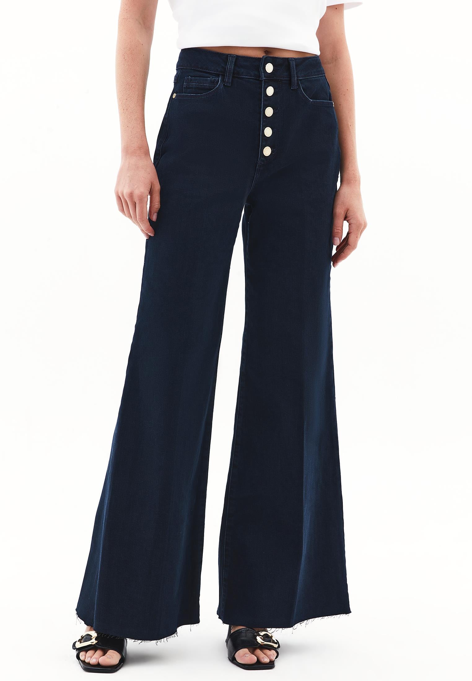 High Waist Wide Leg Buttoned Pants - DARK BLUE DENIM