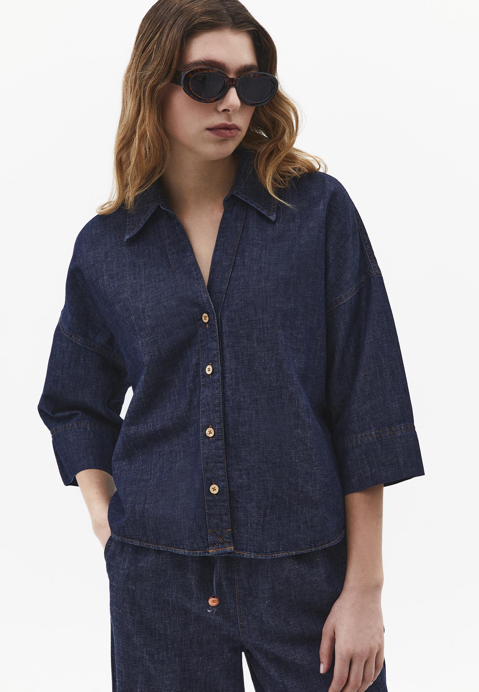 Oversize Shirt Collar Three Quarter Sleeve Denim Shirt - DARK BLUE DENIM