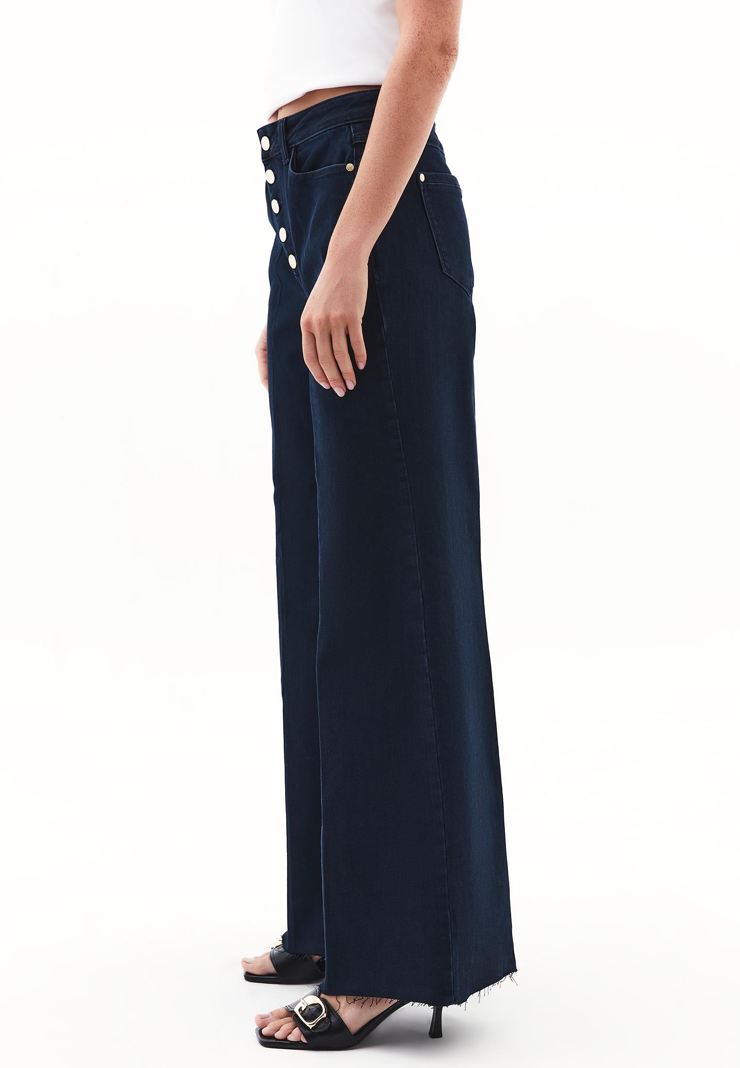 High Waist Wide Leg Buttoned Pants - DARK BLUE DENIM