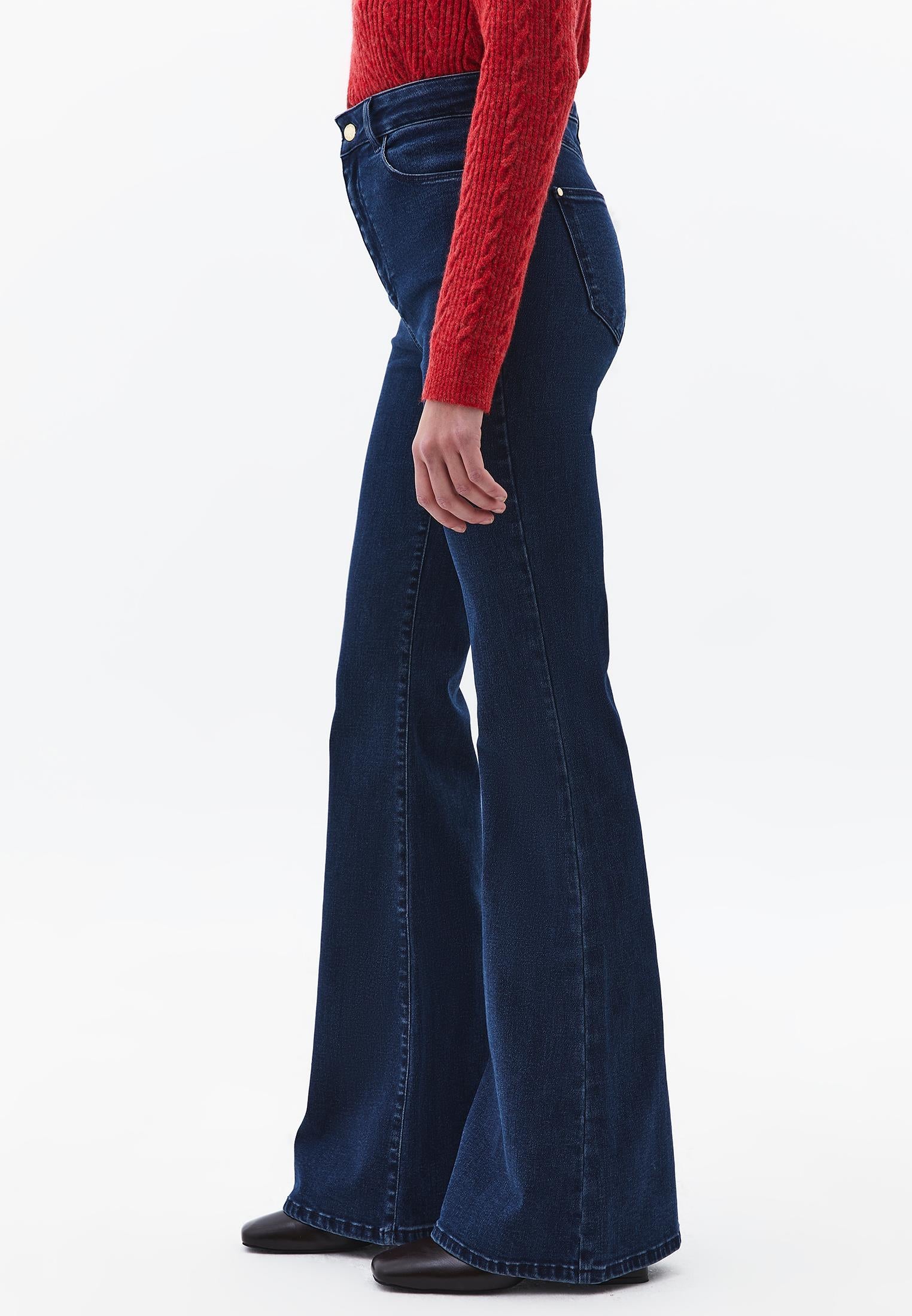 Autumn Denim Flared Pants - DARK BLUE DENIM