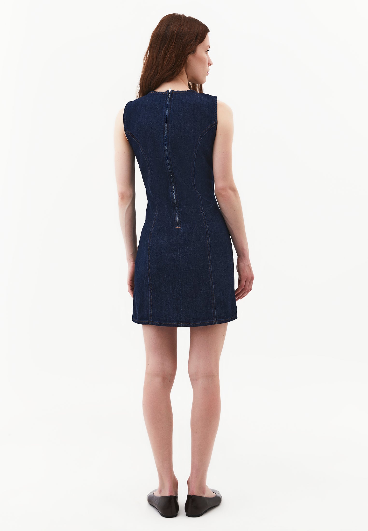 Sleeveless Short Denim Dress With Slit - DARK BLUE DENIM