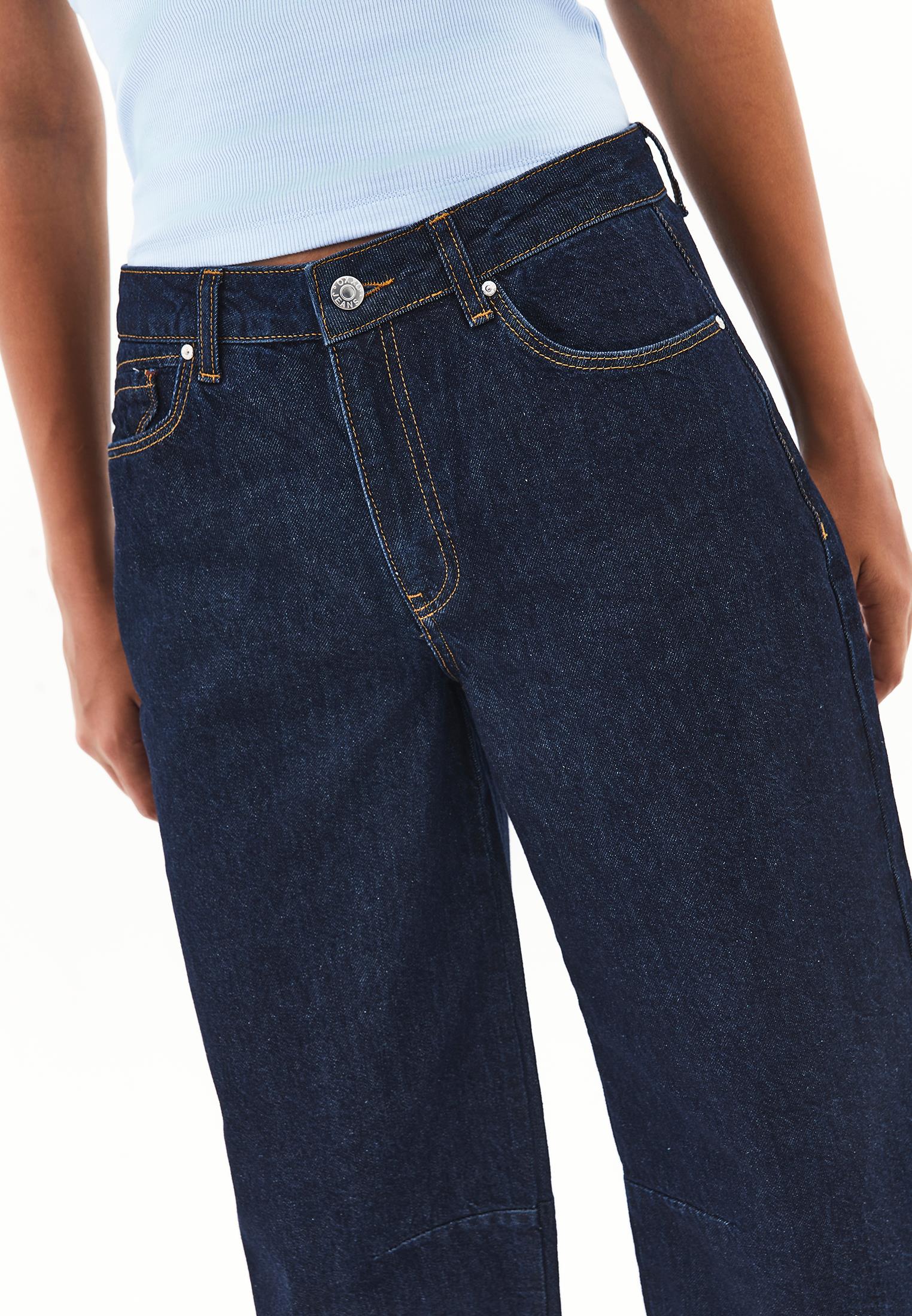 Barrel Hem Denim Pants With Cut Details And Regular Waist - DARK BLUE DENIM