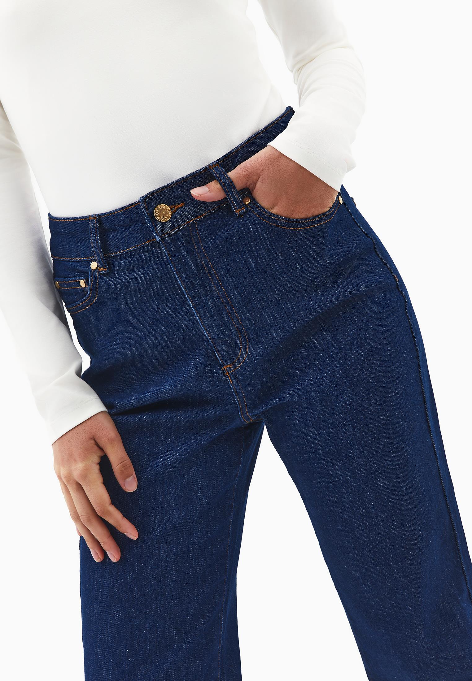 High Waist Straight Leg Pants - DARK BLUE DENIM
