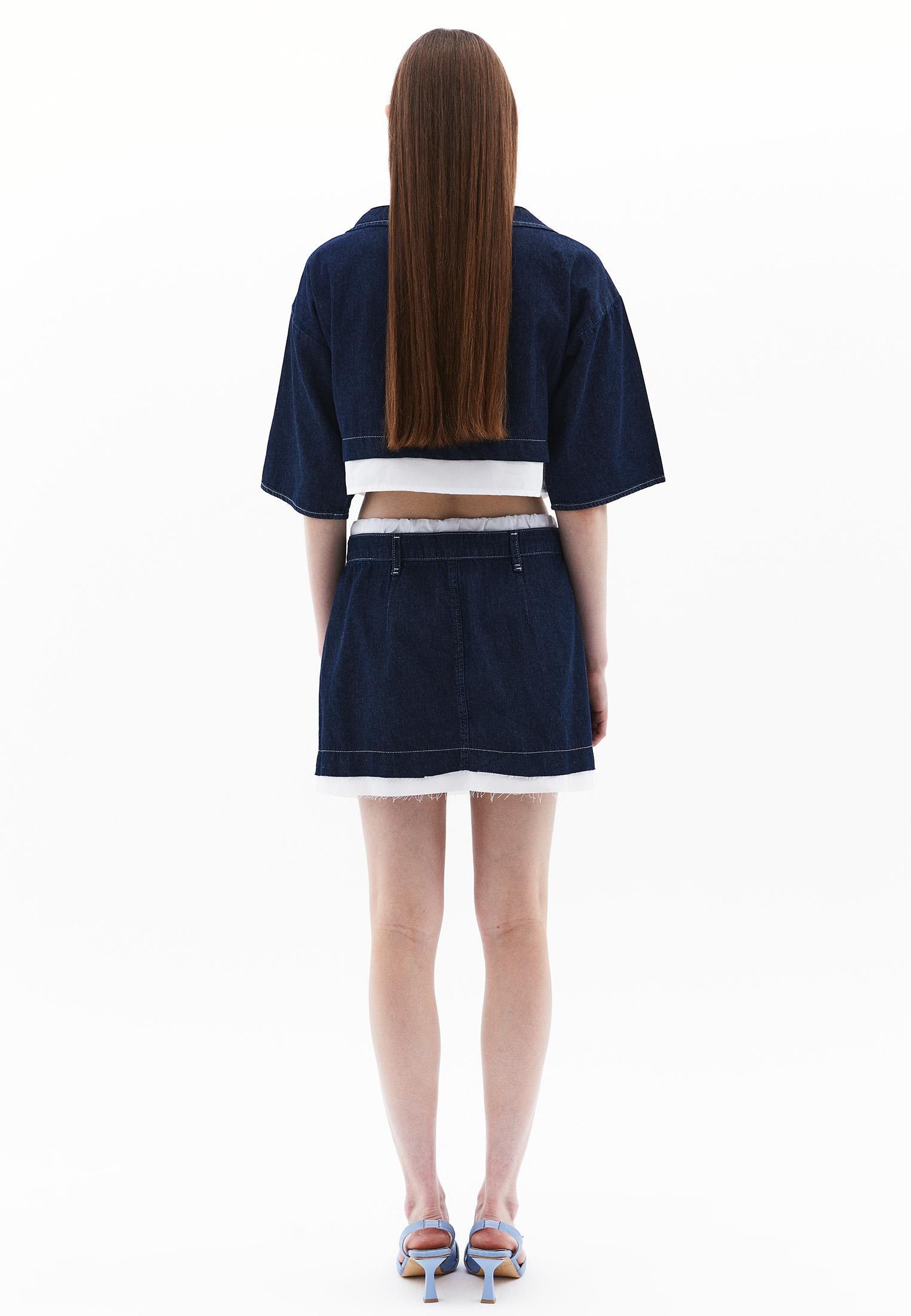 Pleated Short Skirt With Belt Detail - DARK BLUE DENIM