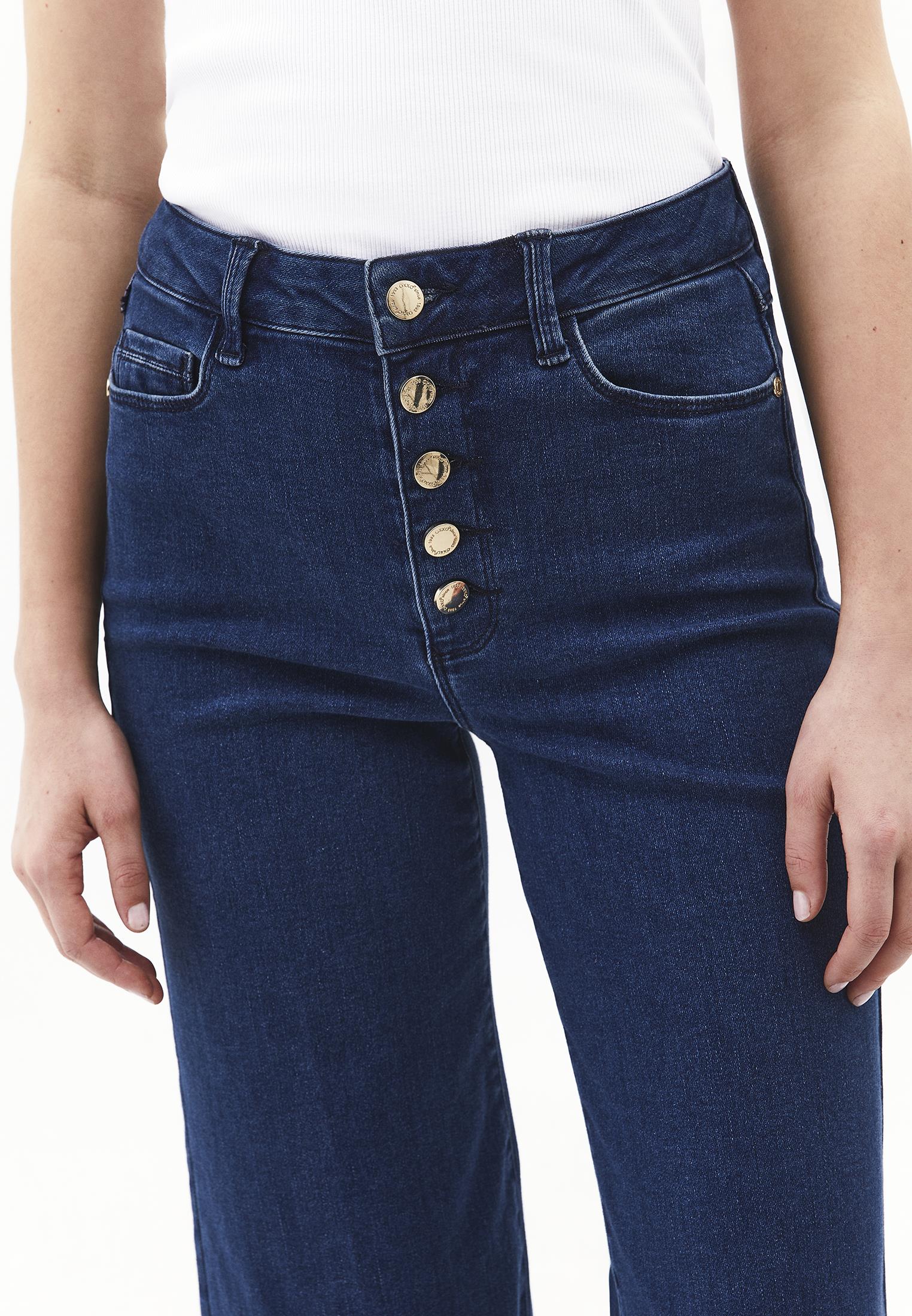 Wide Leg Button Detailed Trousers - DARK BLUE DENIM