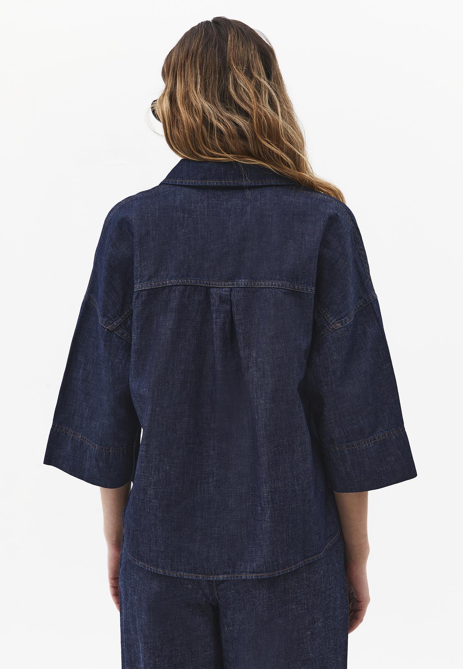 Oversize Shirt Collar Three Quarter Sleeve Denim Shirt - DARK BLUE DENIM