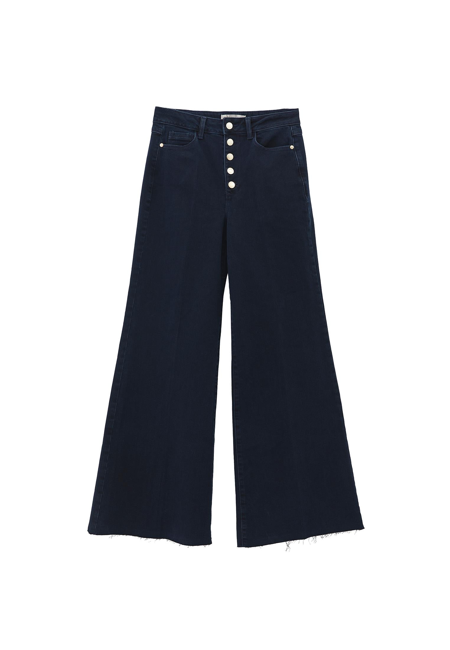 High Waist Wide Leg Buttoned Pants - DARK BLUE DENIM