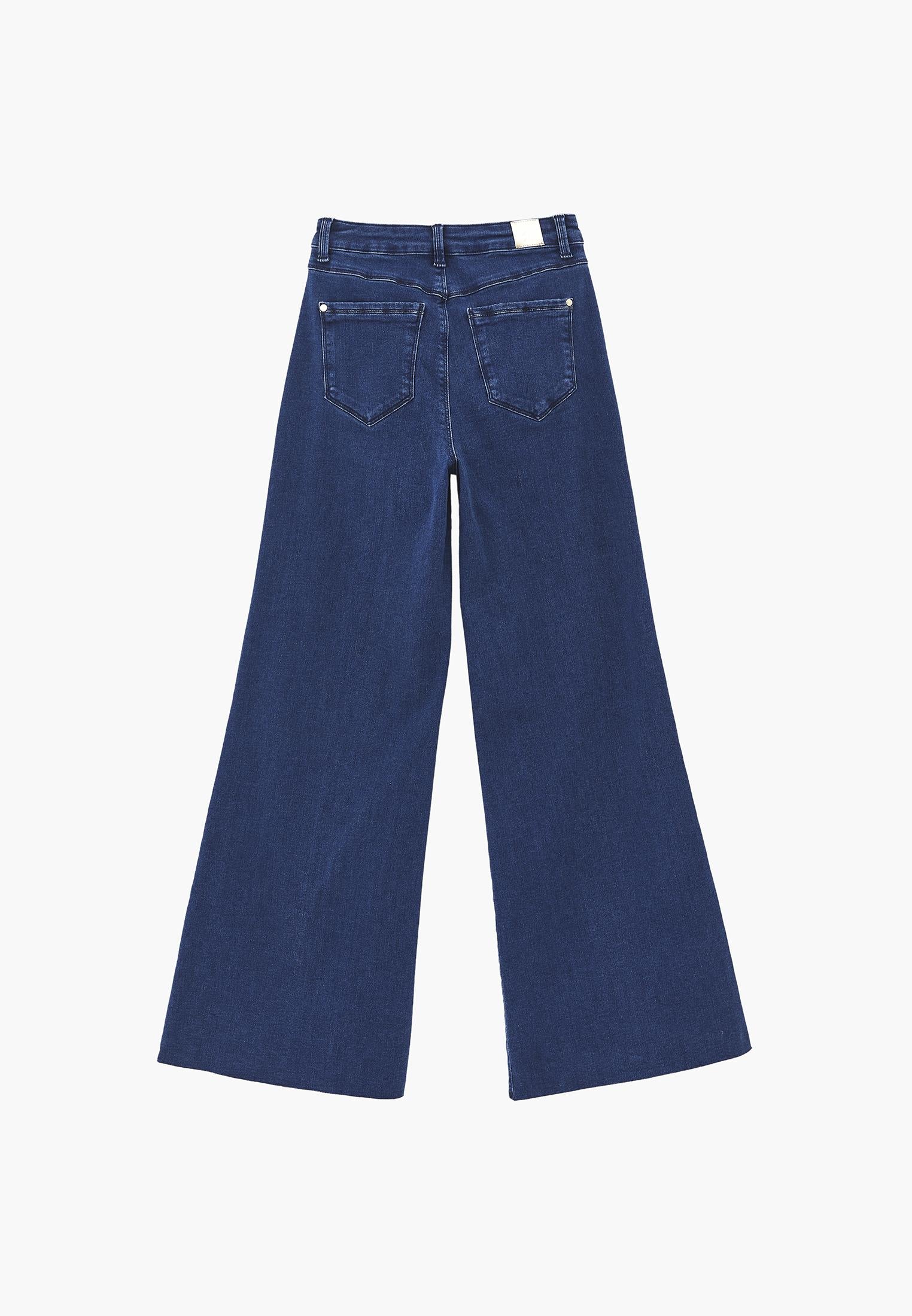 Wide Leg Button Detailed Trousers - DARK BLUE DENIM