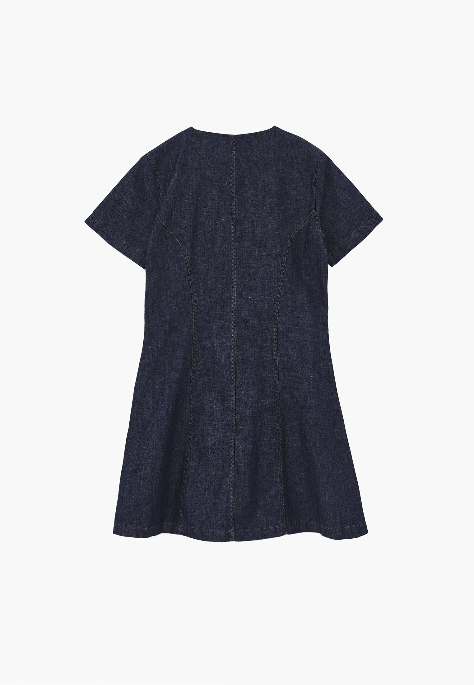 A-Line Short Sleeve V-Neck Button Detail Dress - DARK BLUE
