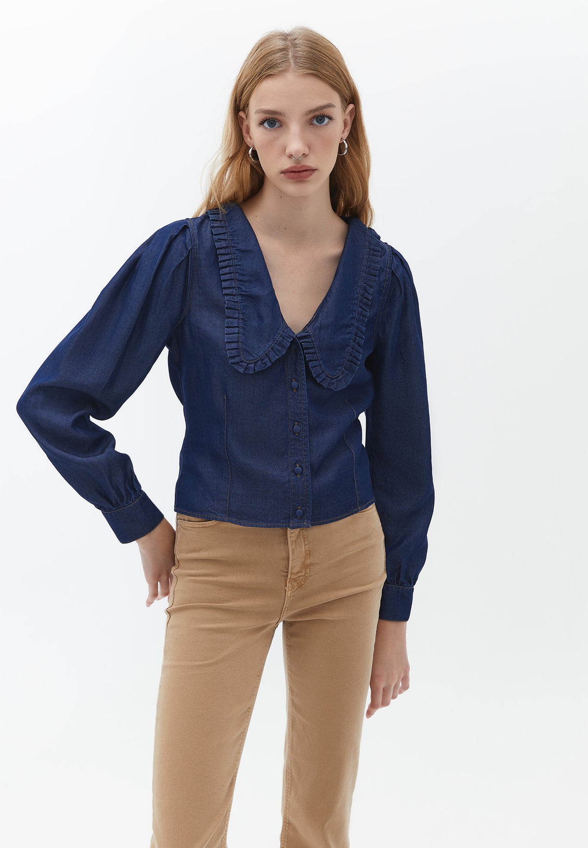Deep Neck Ruffled Long Sleeve Blouse - DARK DENIM