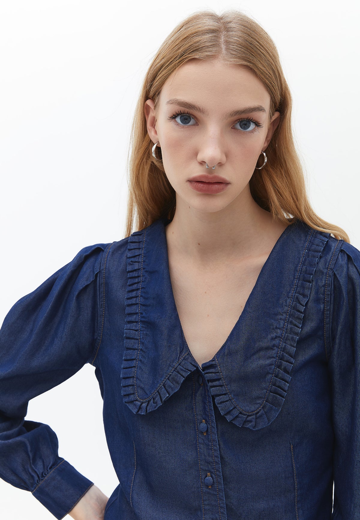 Deep Neck Ruffled Long Sleeve Blouse - DARK DENIM