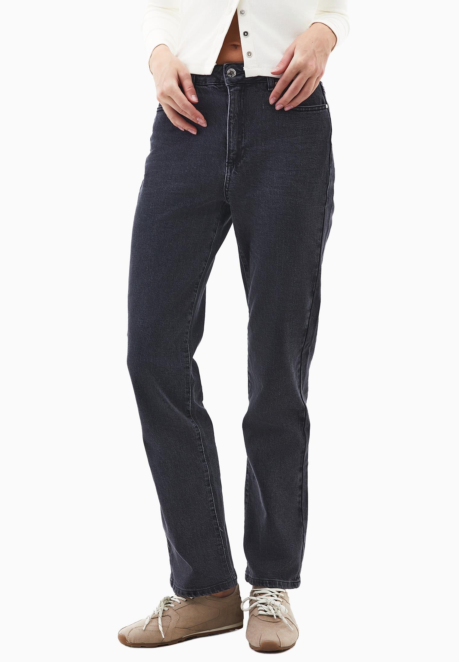 High Waist Straight Leg Denim Pants - DARK GREY DENIM