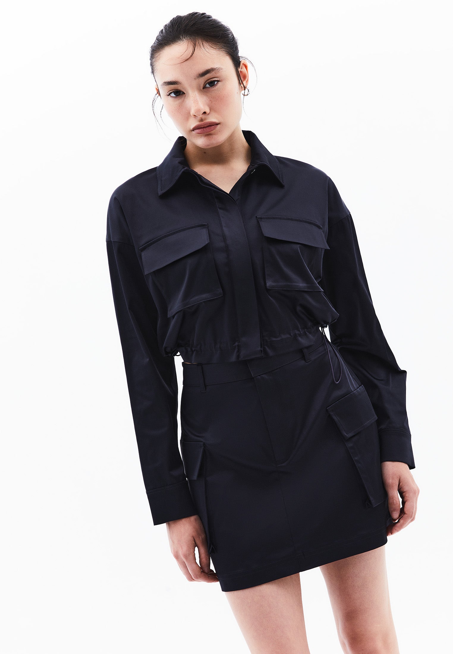 Oversize Pocket Detailed Cropped Shirt - DARK NAVY