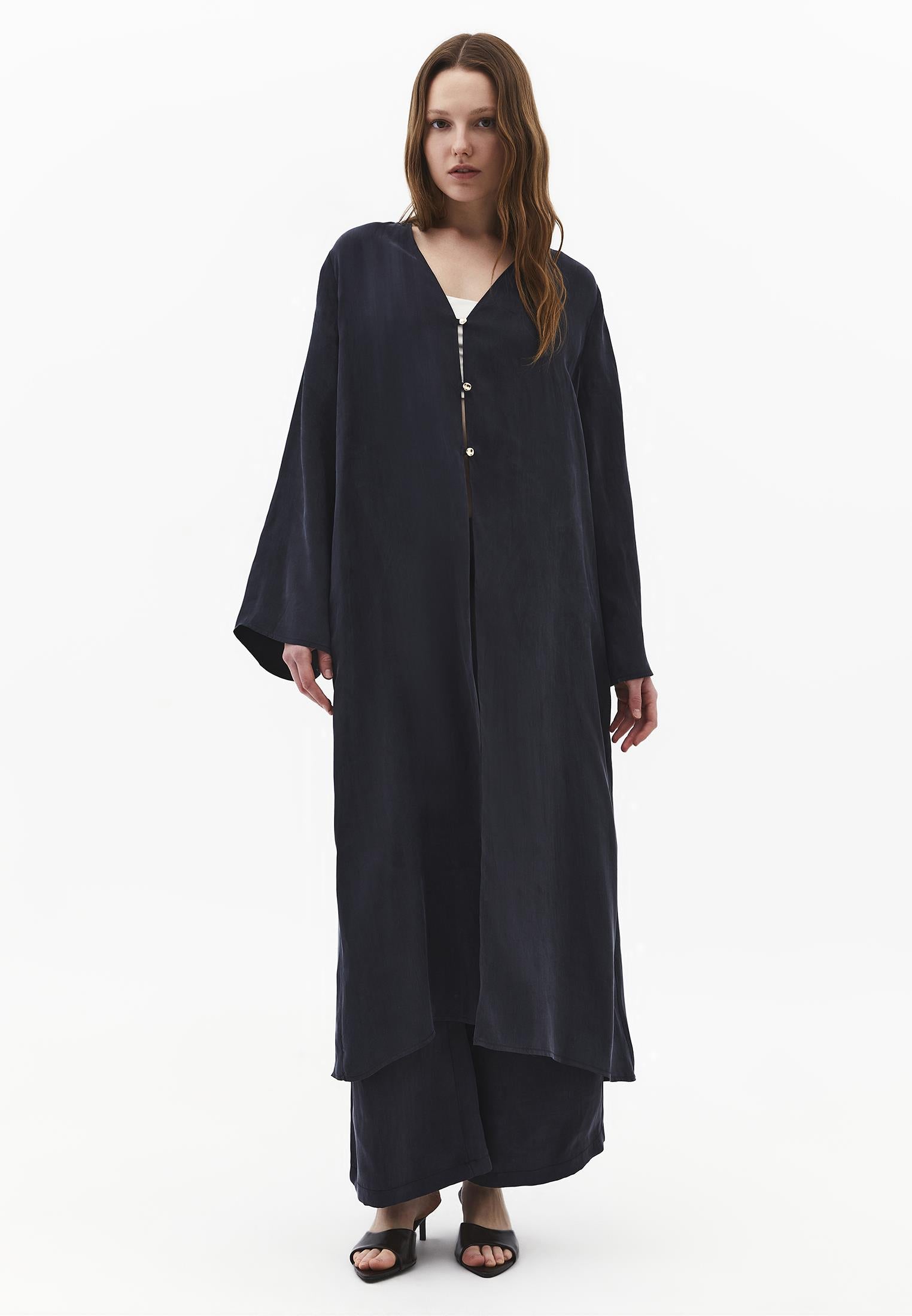 Long Kimono With Button Details - DARK NAVY