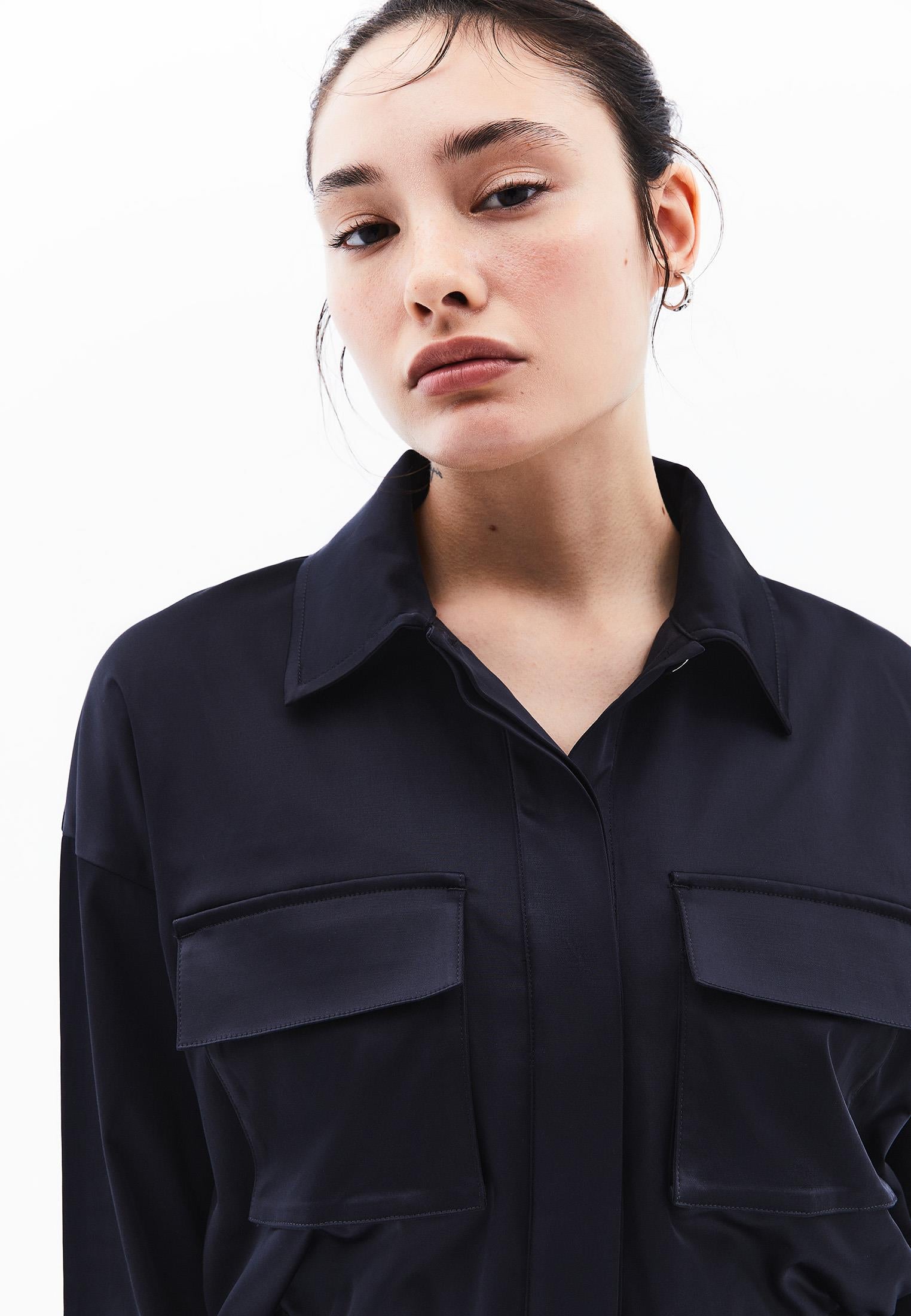 Oversize Pocket Detailed Cropped Shirt - DARK NAVY