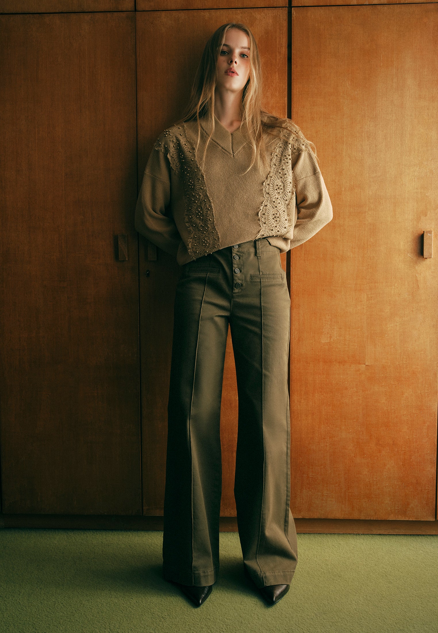 High Waist Pants With Button Details - DARK OLIVE