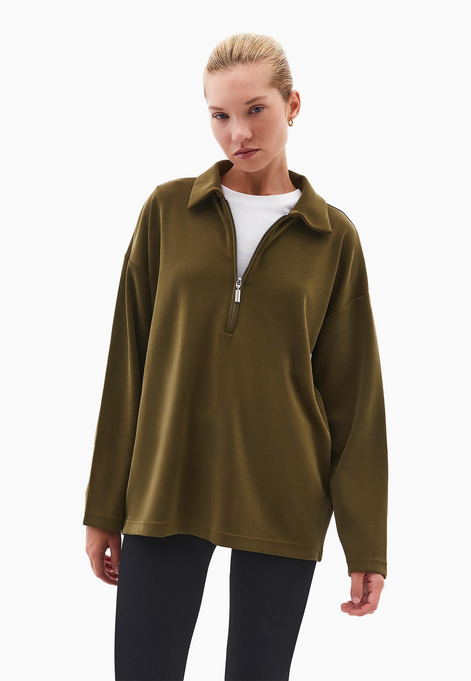 Polo Neck Oversize Sweatshirt - DARK OLIVE