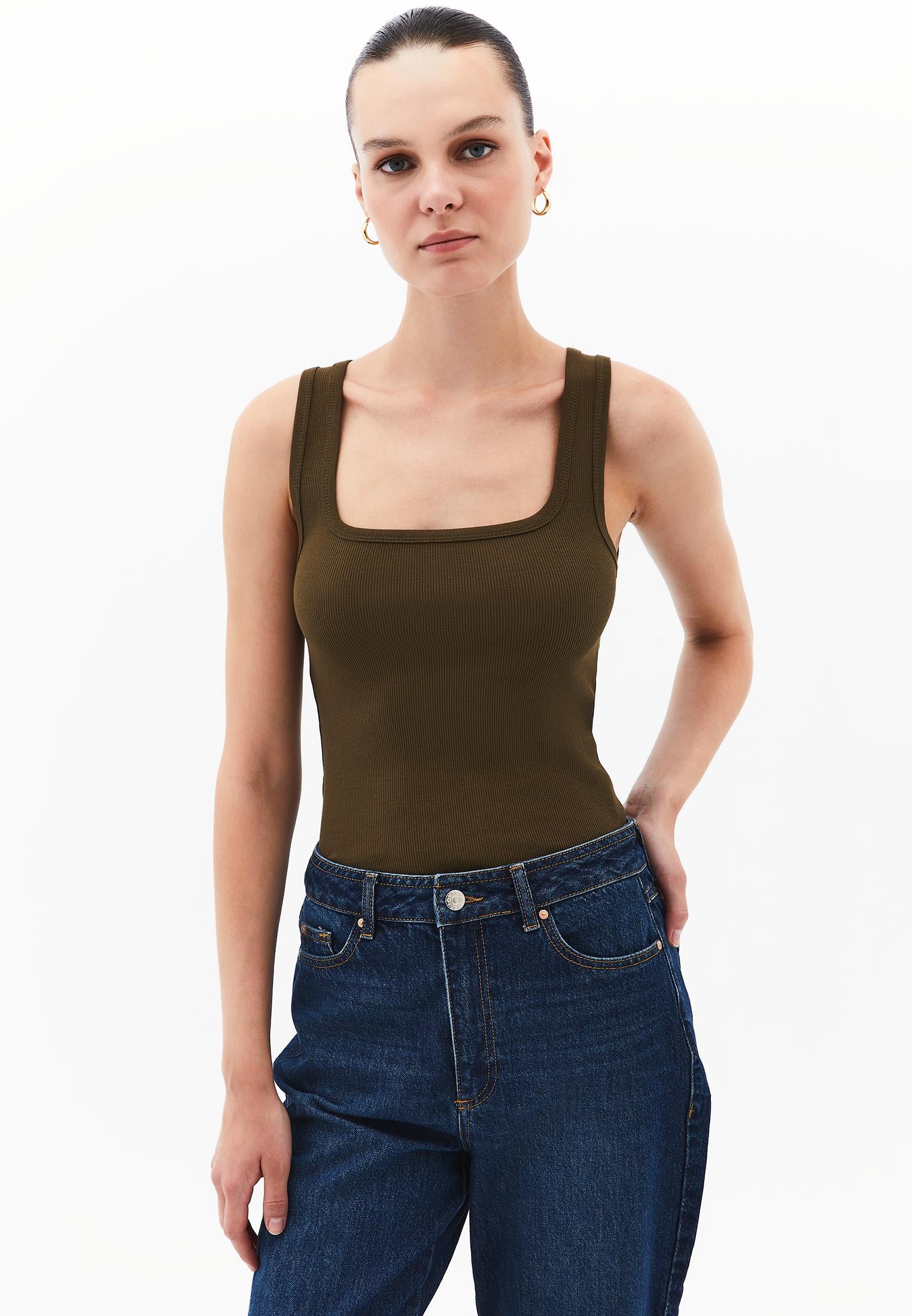 Square Neck Bodycon Tank Top - DARK OLIVE