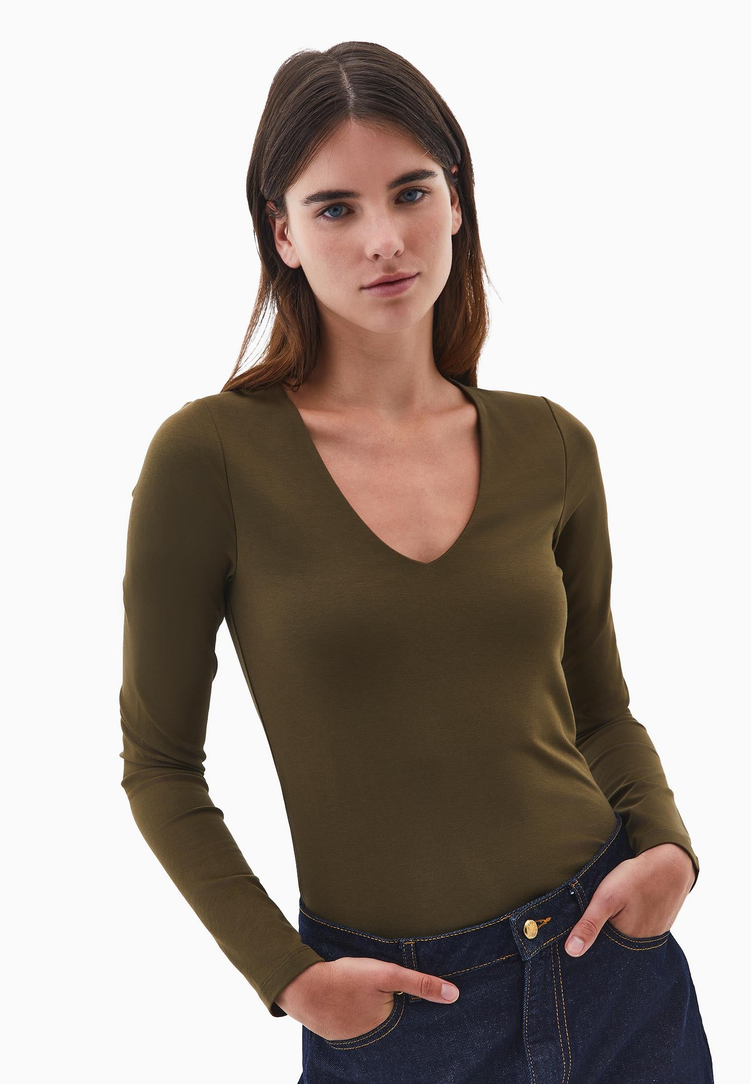 V Neck Long Sleeve T-Shirt - DARK OLIVE